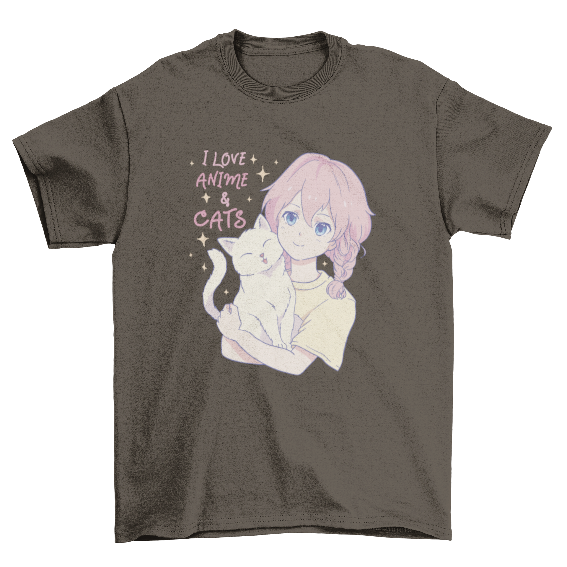 A stylish t-shirt featuring an anime girl hugging a cat with the quote 'I love anime and cats'.