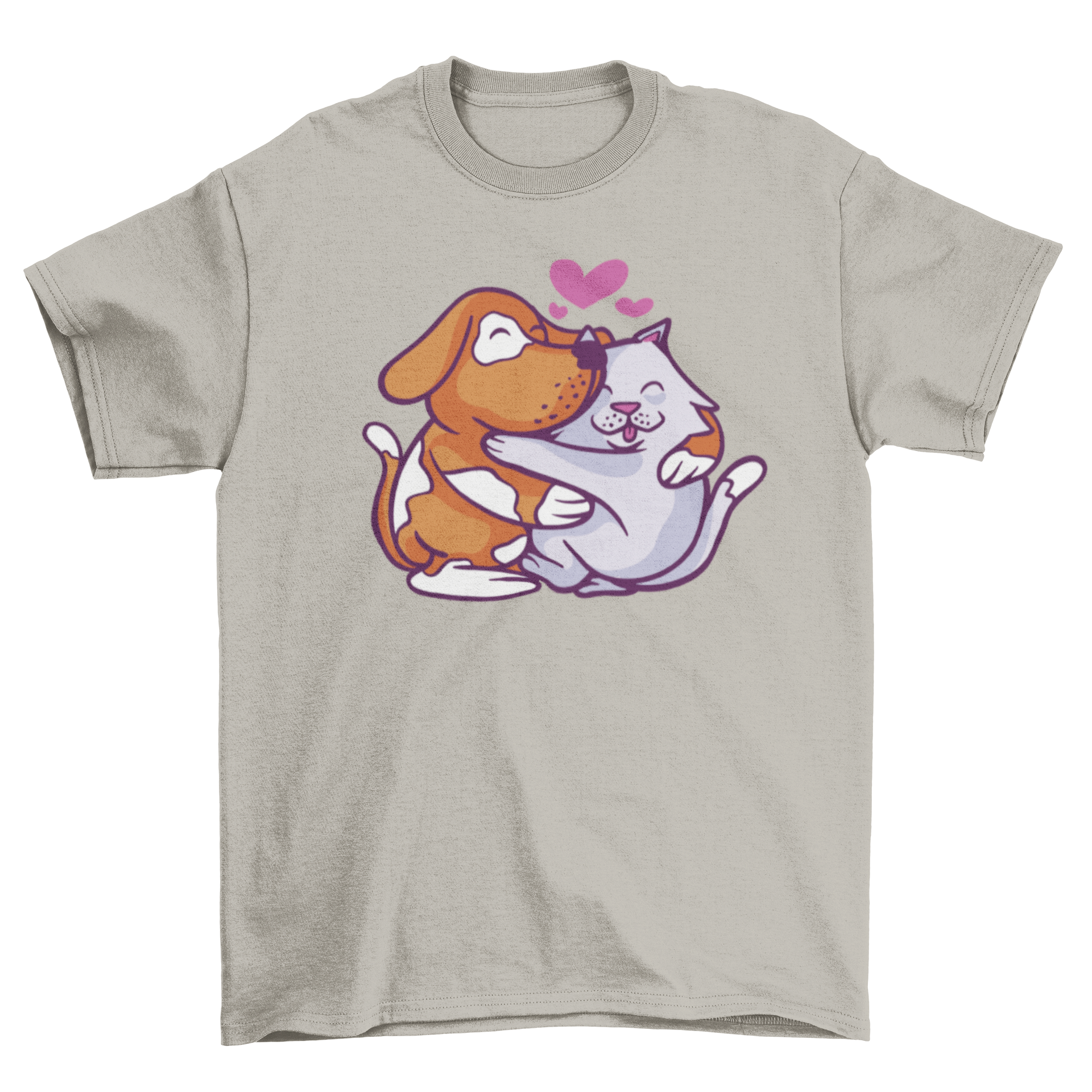 A cartoon-style t-shirt featuring a dog and cat hugging, showcasing a colorful and playful design.