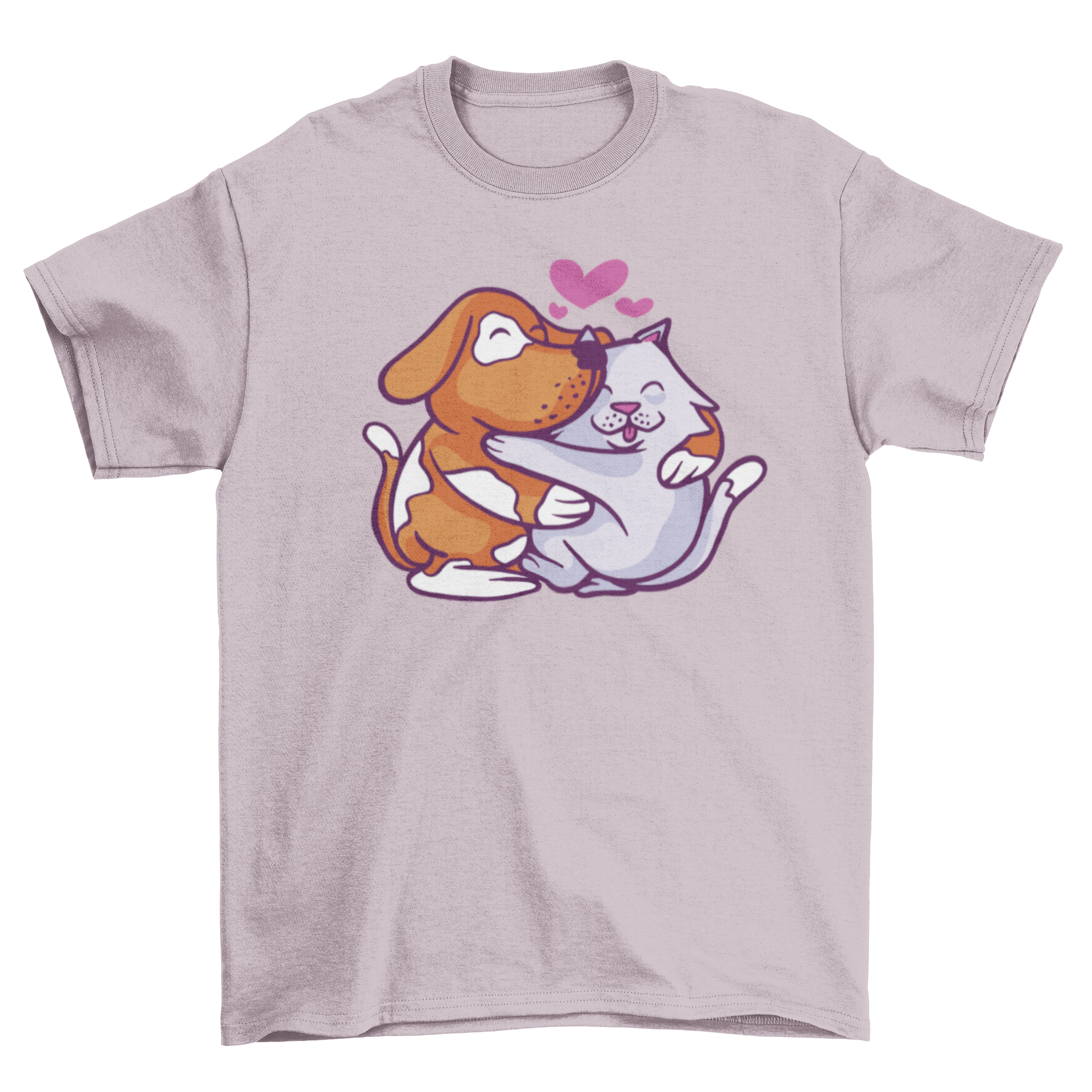 A cartoon-style t-shirt featuring a dog and cat hugging, showcasing a colorful and playful design.