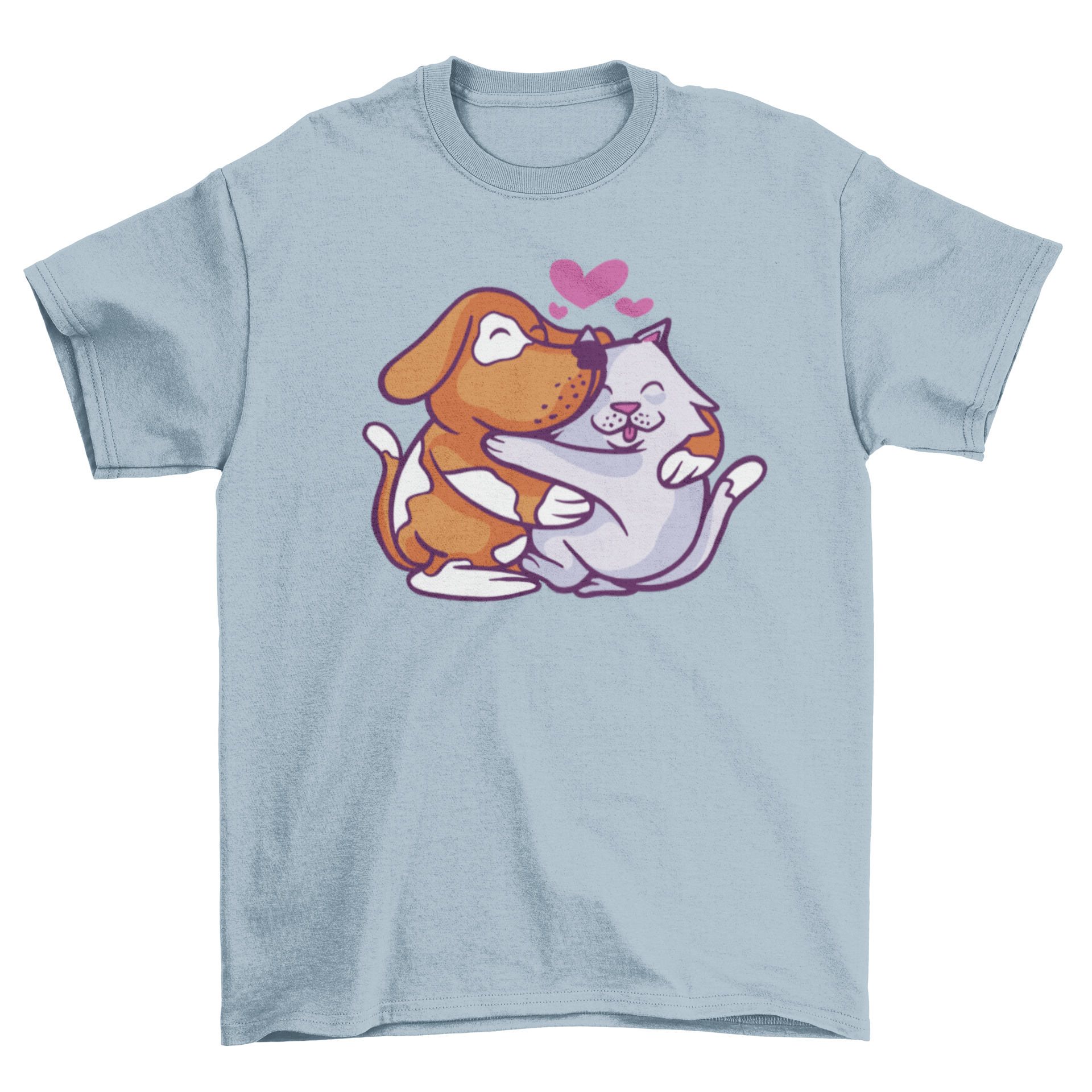 A cartoon-style t-shirt featuring a dog and cat hugging, showcasing a colorful and playful design.