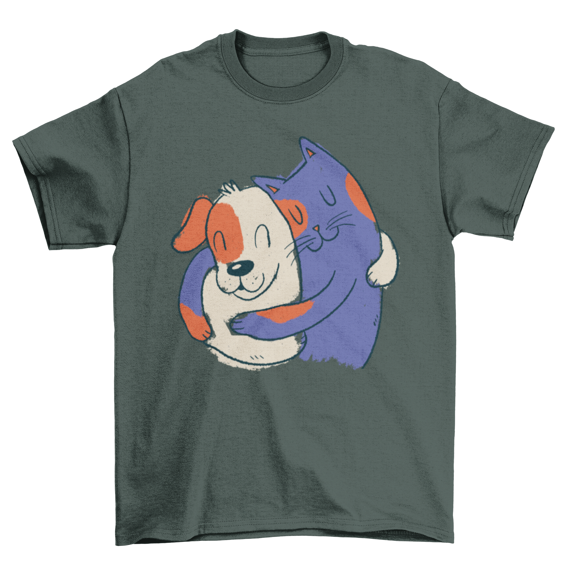 A cute illustration of a cat and dog hugging, perfect for t-shirt designs.