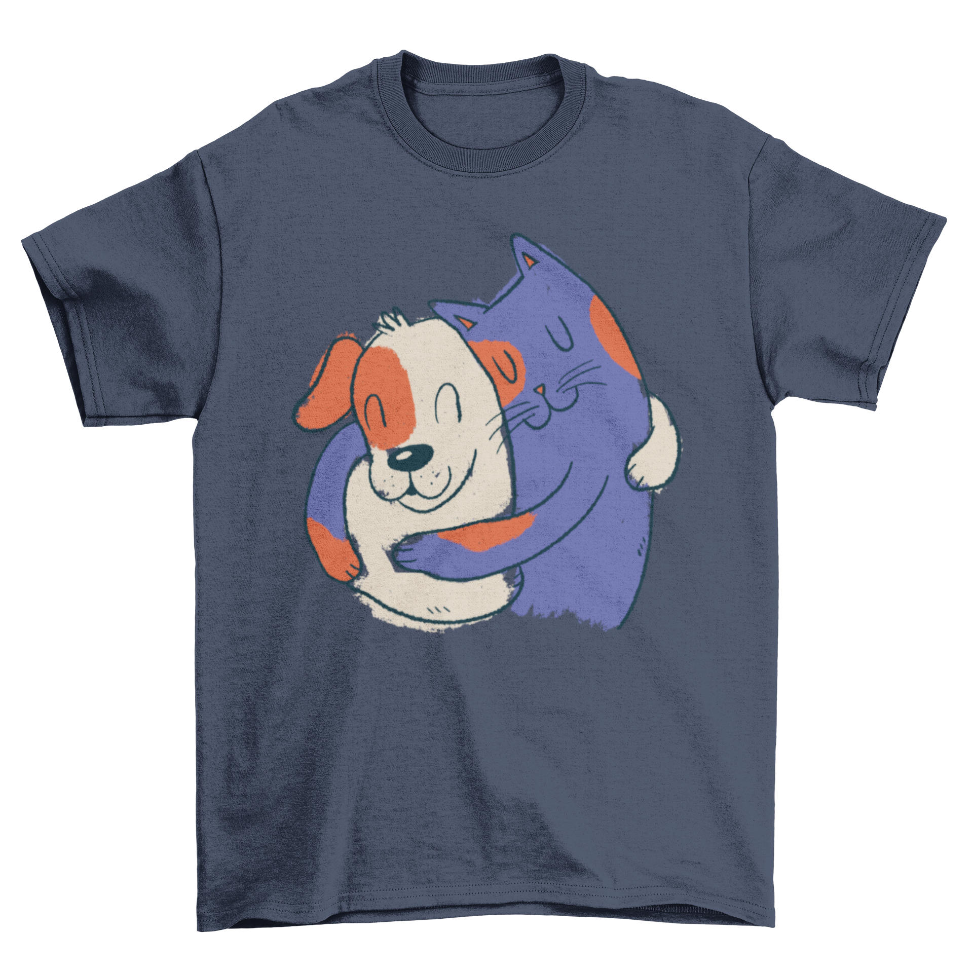 A cute illustration of a cat and dog hugging, perfect for t-shirt designs.