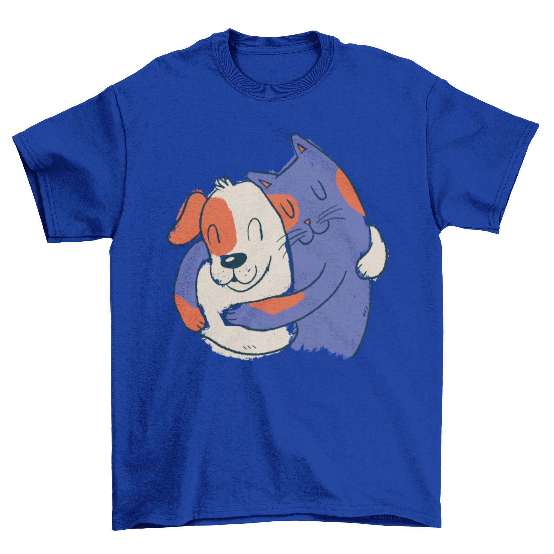 A cute illustration of a cat and dog hugging, perfect for t-shirt designs.