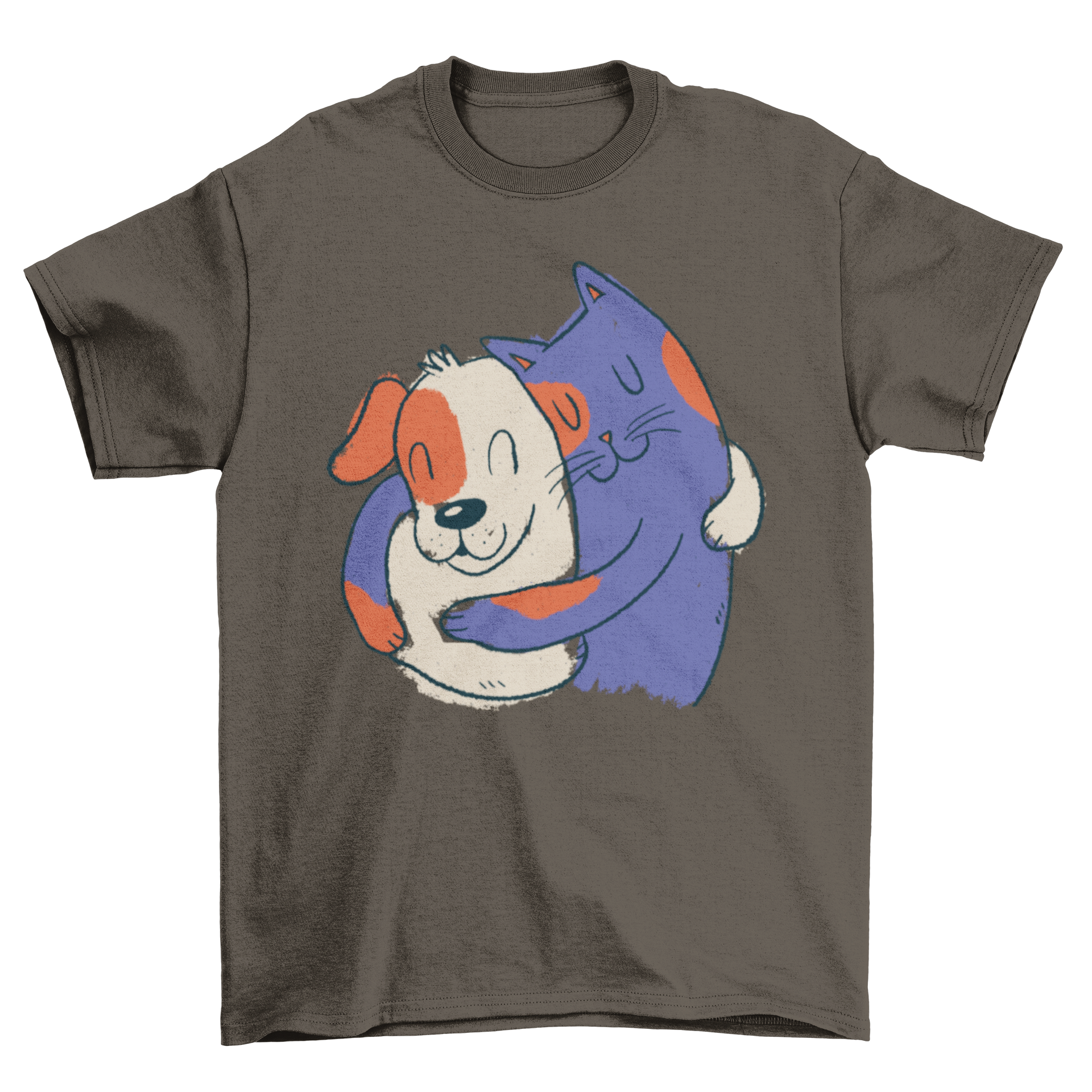 A cute illustration of a cat and dog hugging, perfect for t-shirt designs.