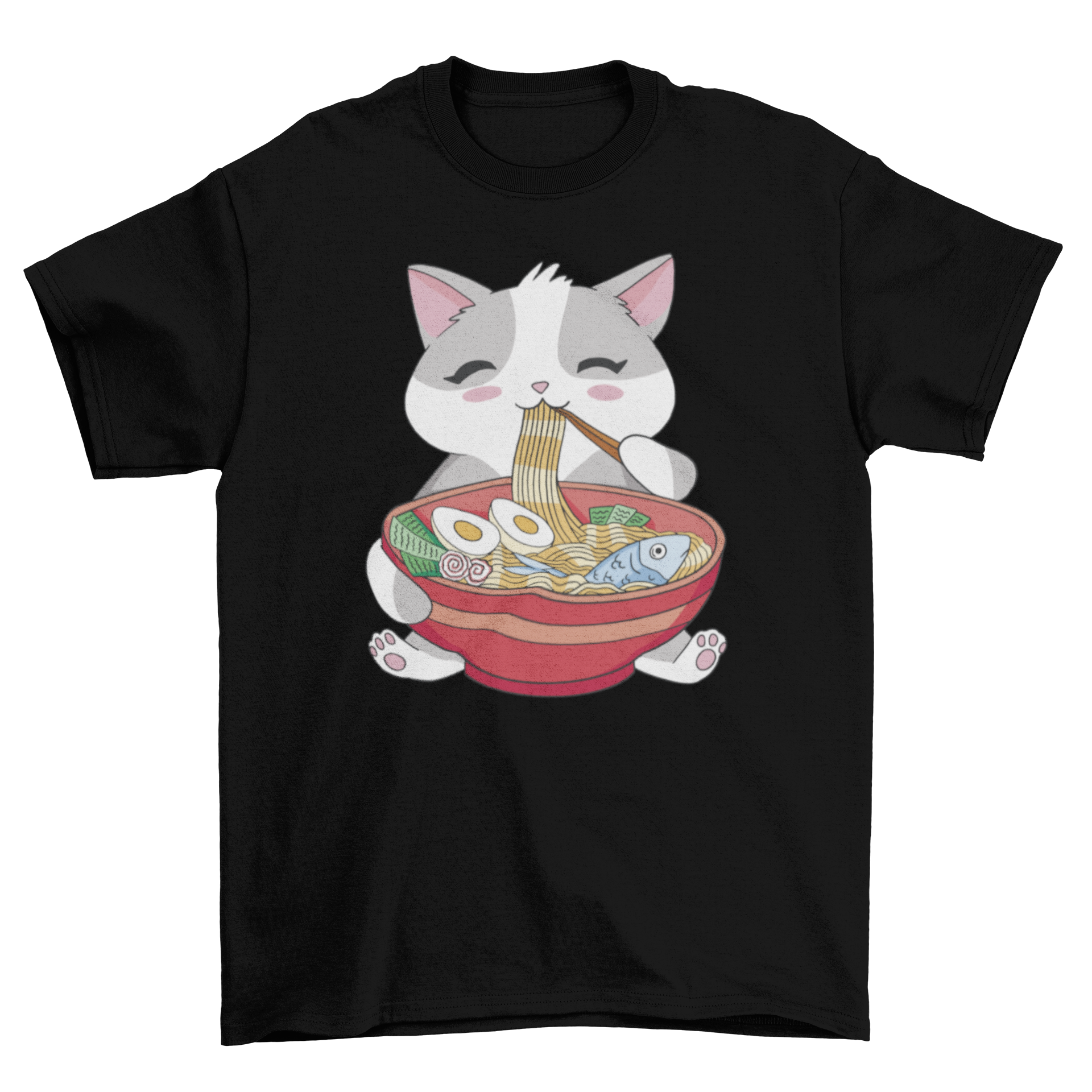 A playful t-shirt featuring a cute cat eating ramen, showcasing a fun and quirky design.