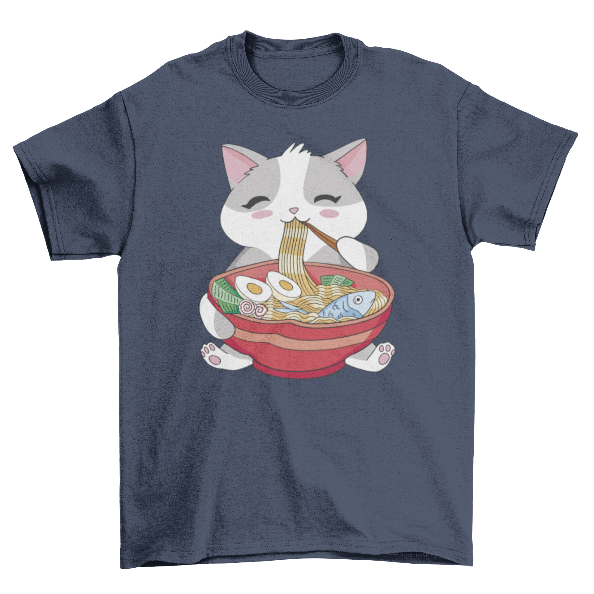 A playful t-shirt featuring a cute cat eating ramen, showcasing a fun and quirky design.