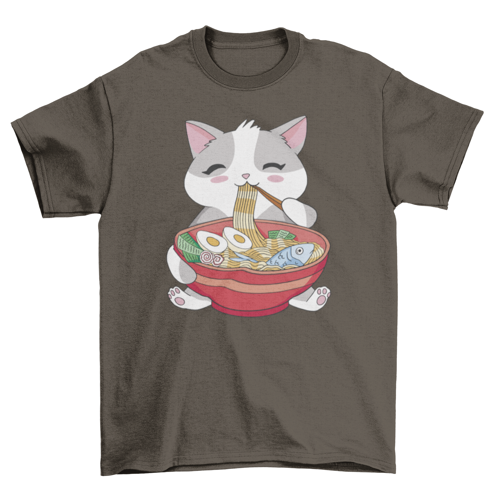 A playful t-shirt featuring a cute cat eating ramen, showcasing a fun and quirky design.
