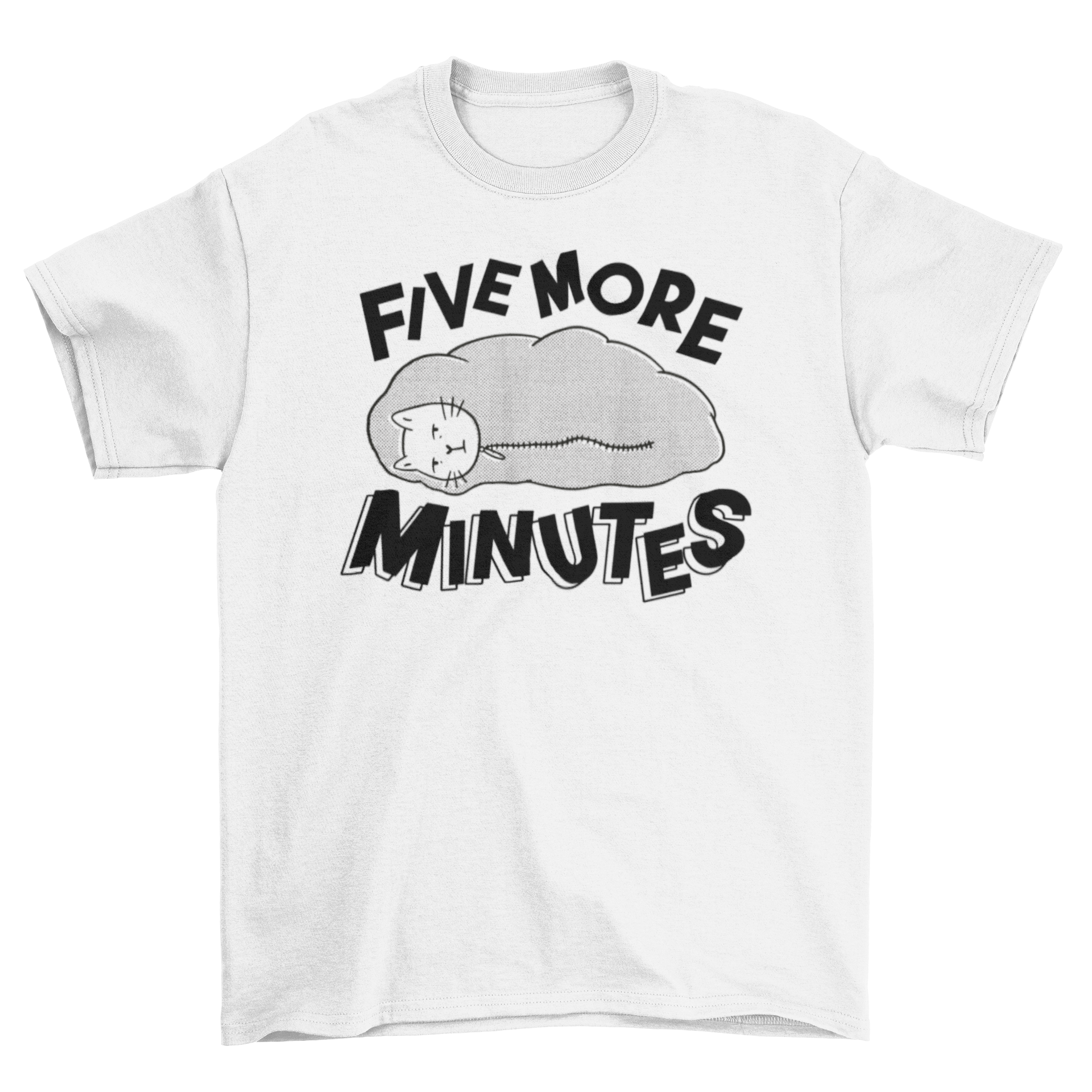 Funny t-shirt design featuring a cute cat inside a sleeping bag with the quote 'Five more minutes'.