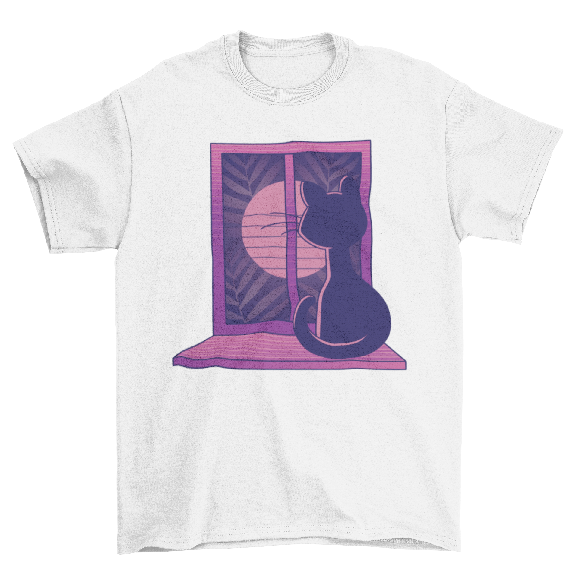 A cute t-shirt featuring a cat sitting by a window, gazing at the moon, perfect for cat lovers.