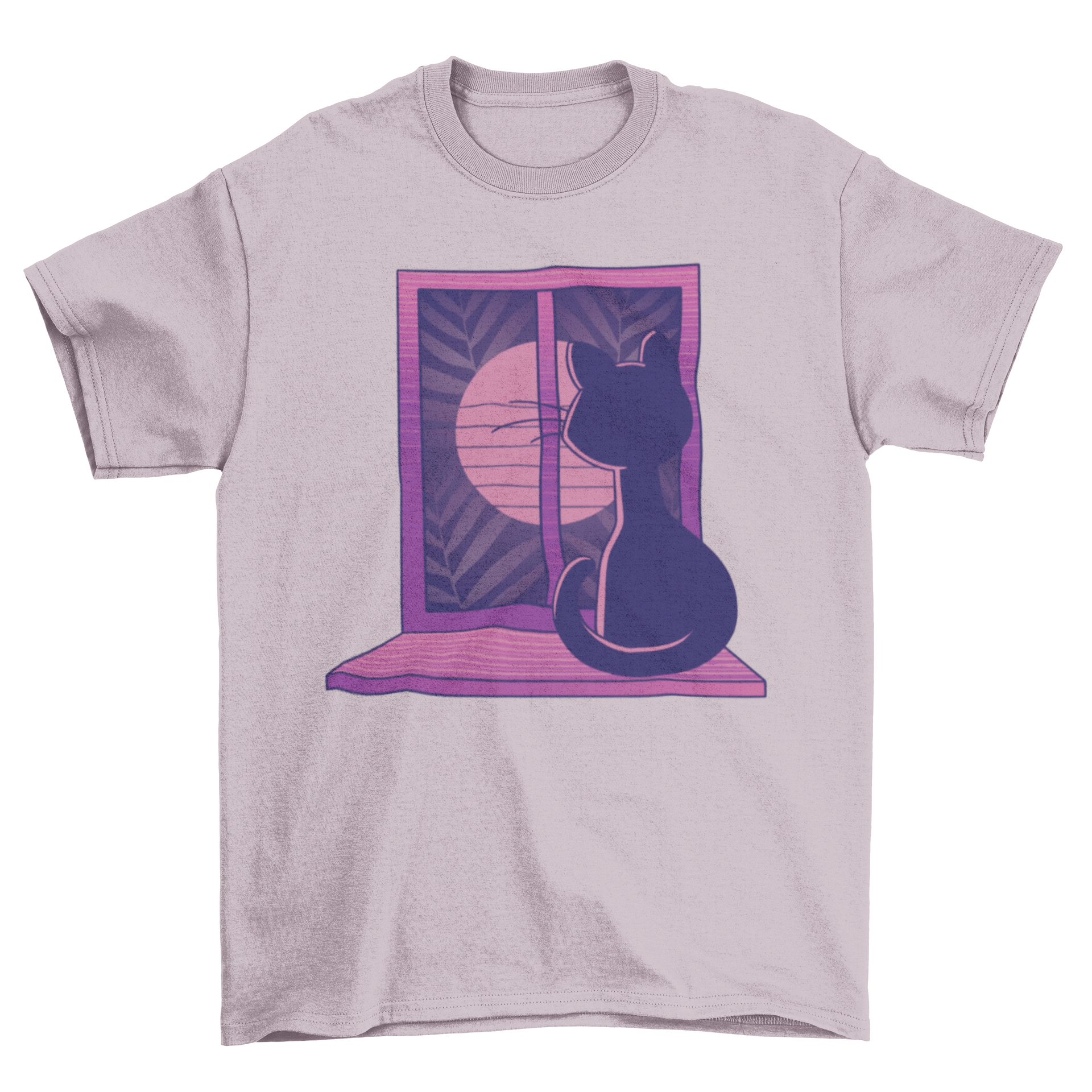 A cute t-shirt featuring a cat sitting by a window, gazing at the moon, perfect for cat lovers.