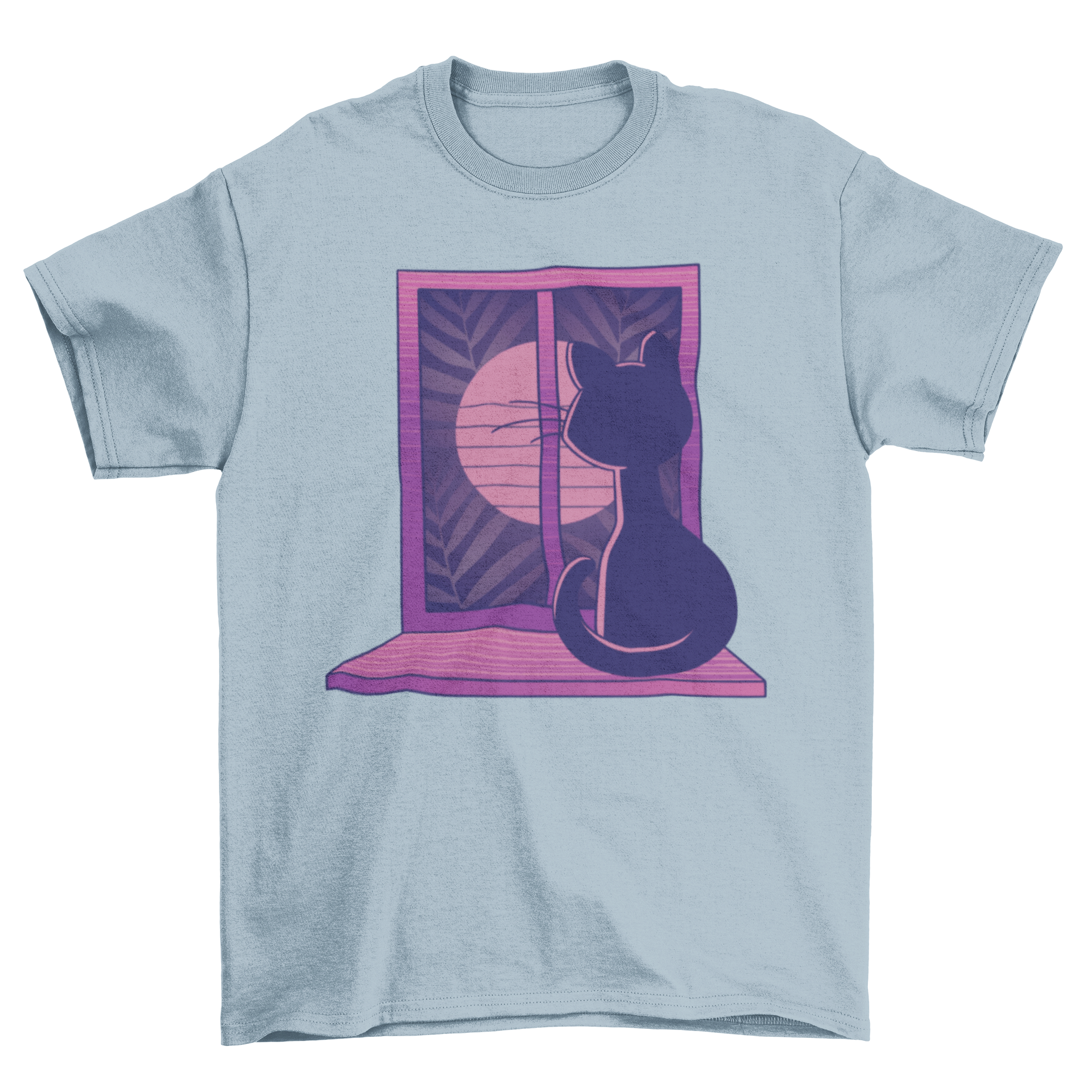 A cute t-shirt featuring a cat sitting by a window, gazing at the moon, perfect for cat lovers.