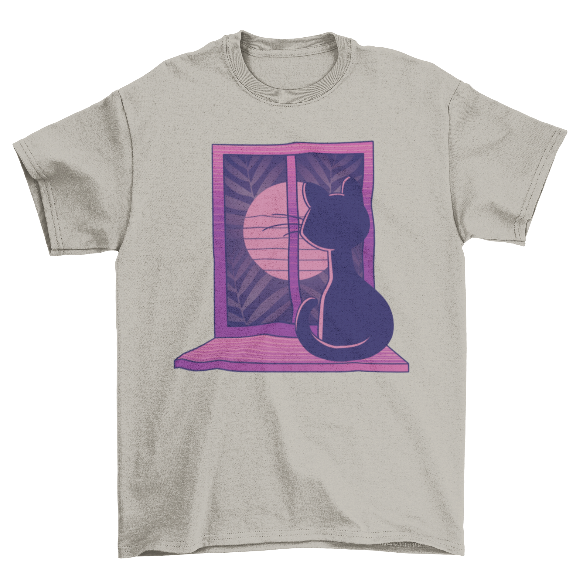 A cute t-shirt featuring a cat sitting by a window, gazing at the moon, perfect for cat lovers.