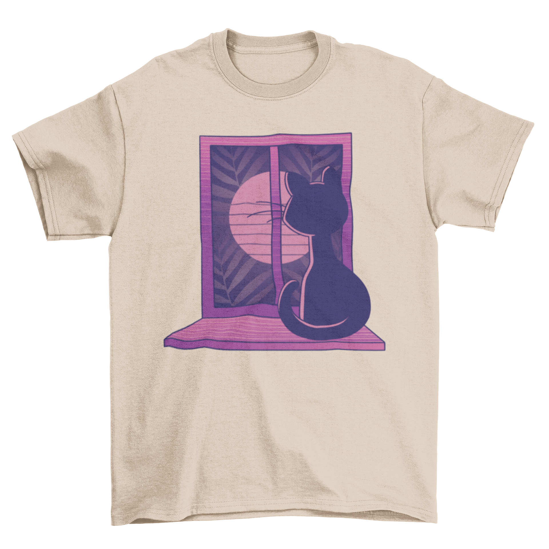 A cute t-shirt featuring a cat sitting by a window, gazing at the moon, perfect for cat lovers.