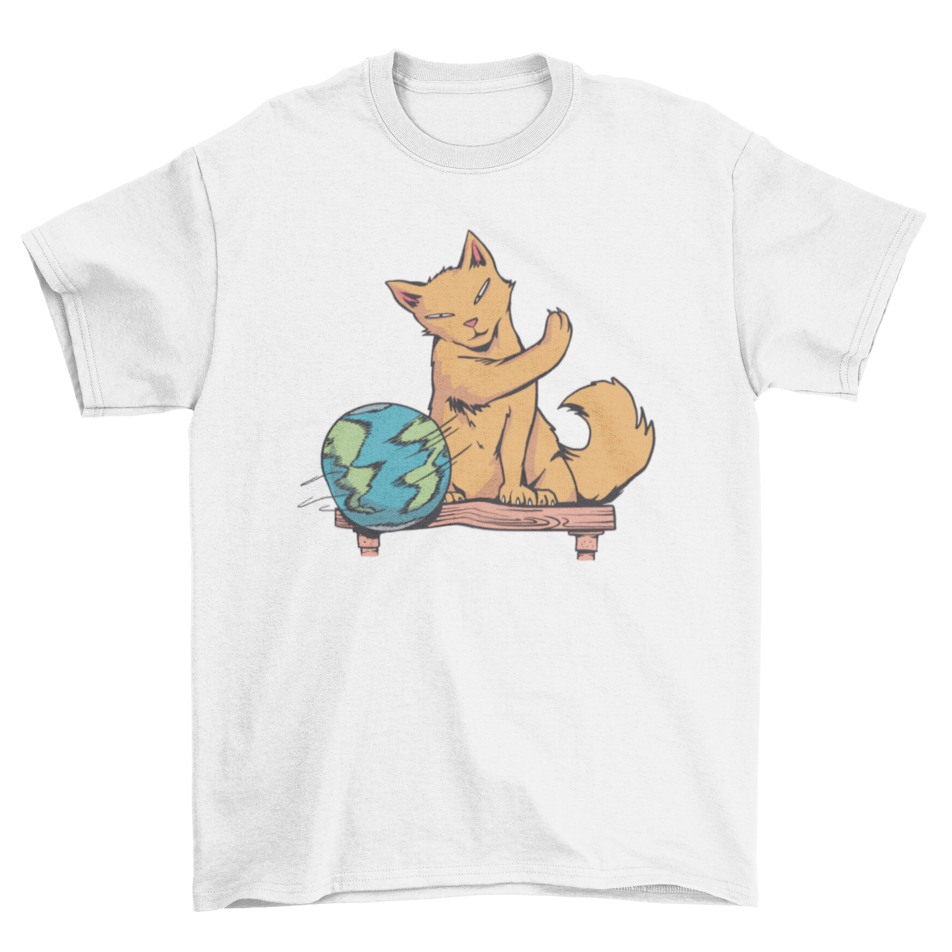A playful cat interacting with planet Earth on a t-shirt, showcasing a humorous design for cat lovers.
