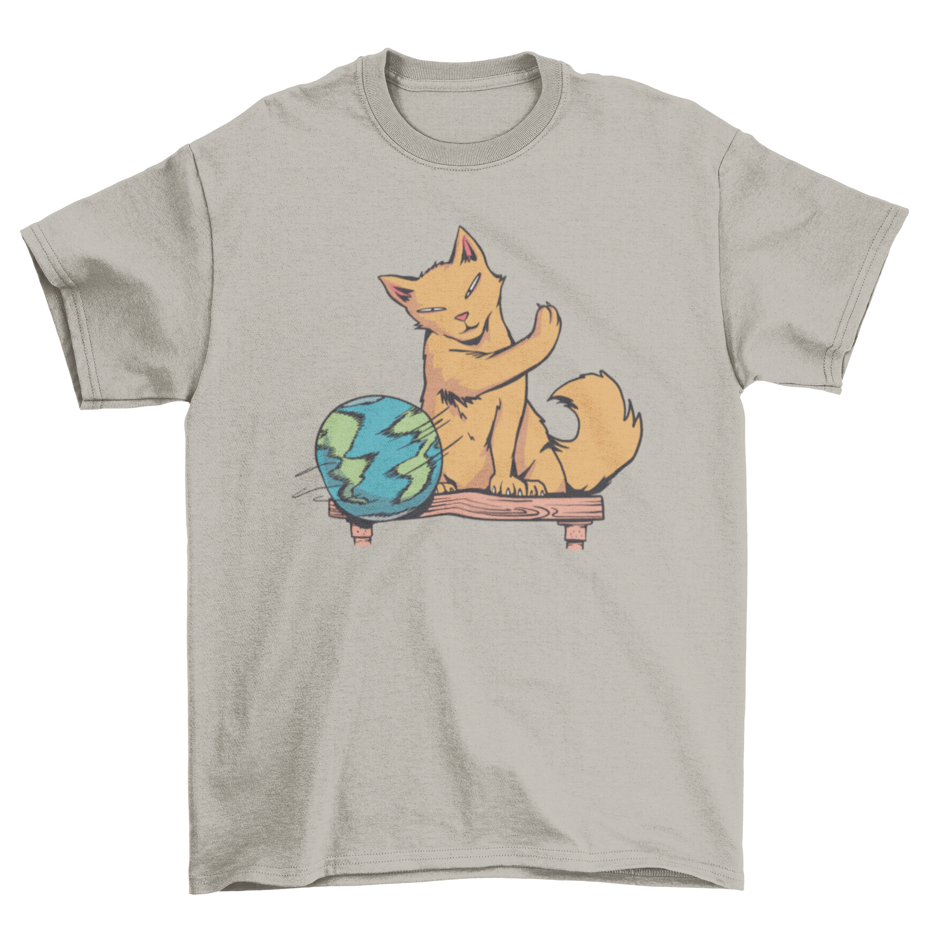 A playful cat interacting with planet Earth on a t-shirt, showcasing a humorous design for cat lovers.