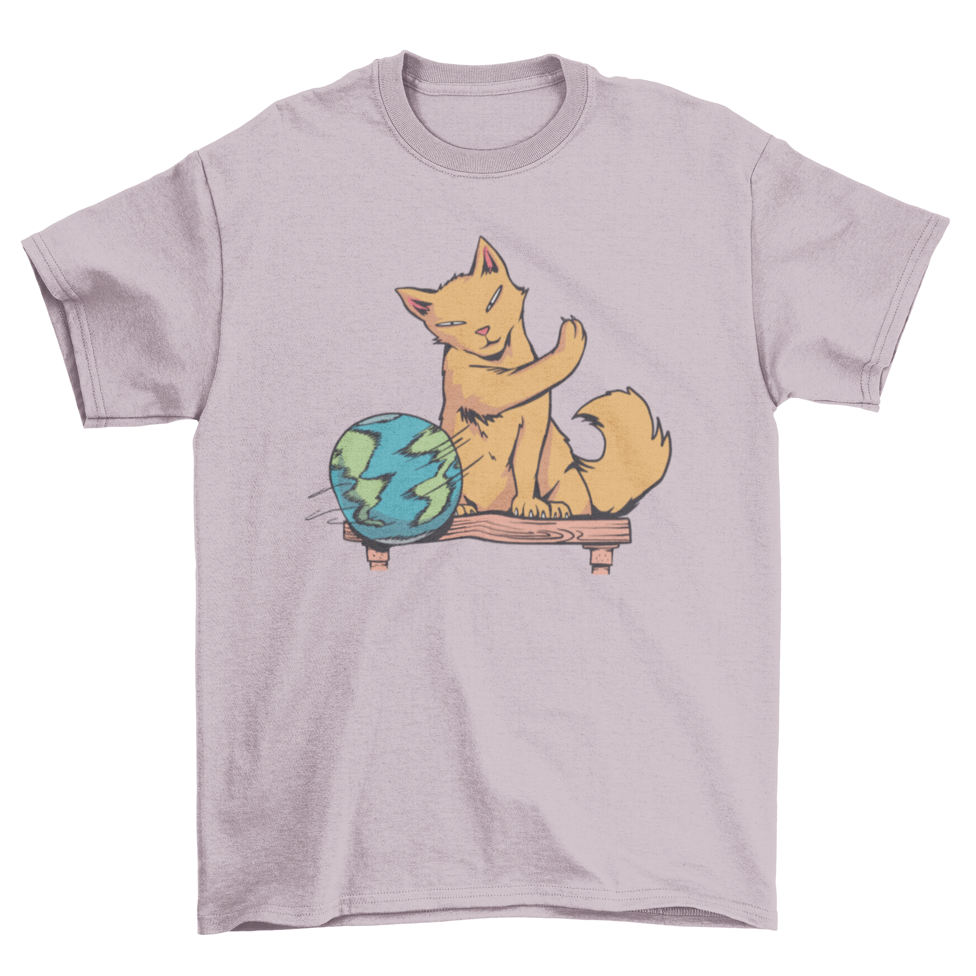 A playful cat interacting with planet Earth on a t-shirt, showcasing a humorous design for cat lovers.