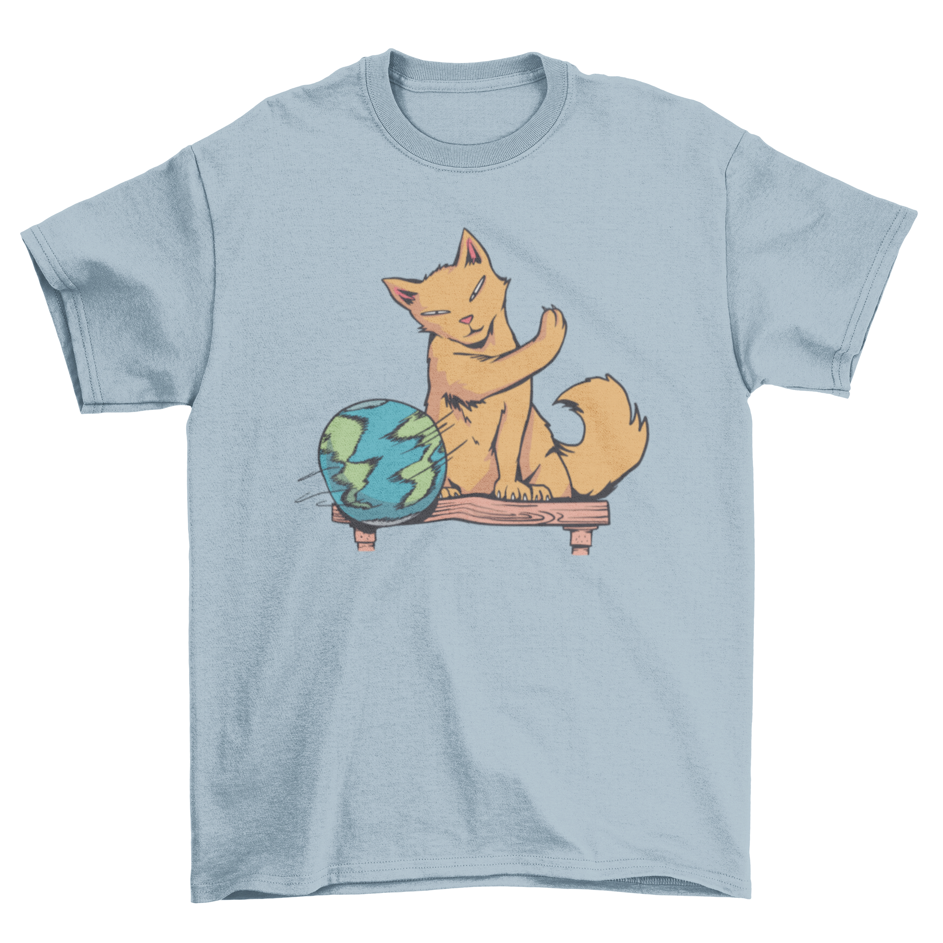 A playful cat interacting with planet Earth on a t-shirt, showcasing a humorous design for cat lovers.