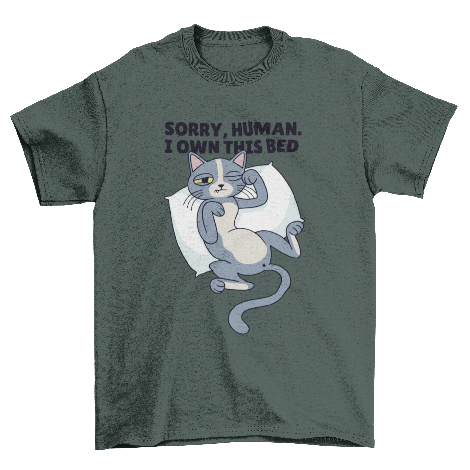 A humorous t-shirt featuring a sleeping cat illustration and the phrase 'Sorry human. I own this bed.'