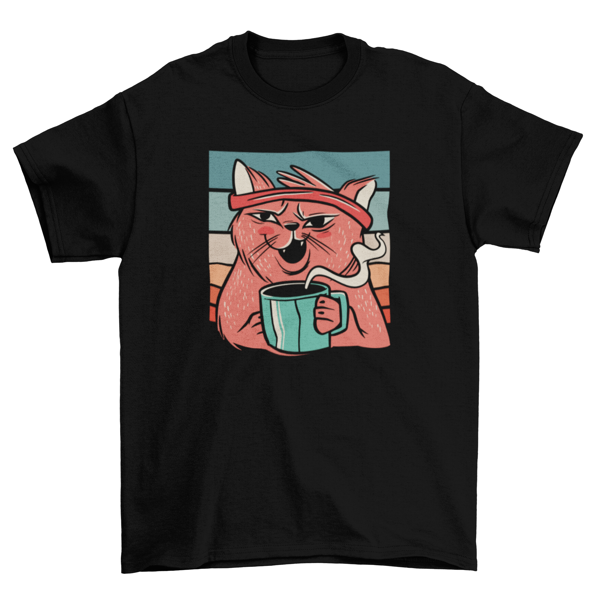 A humorous t-shirt featuring a cute cat drinking coffee from a cup, perfect for cat lovers.
