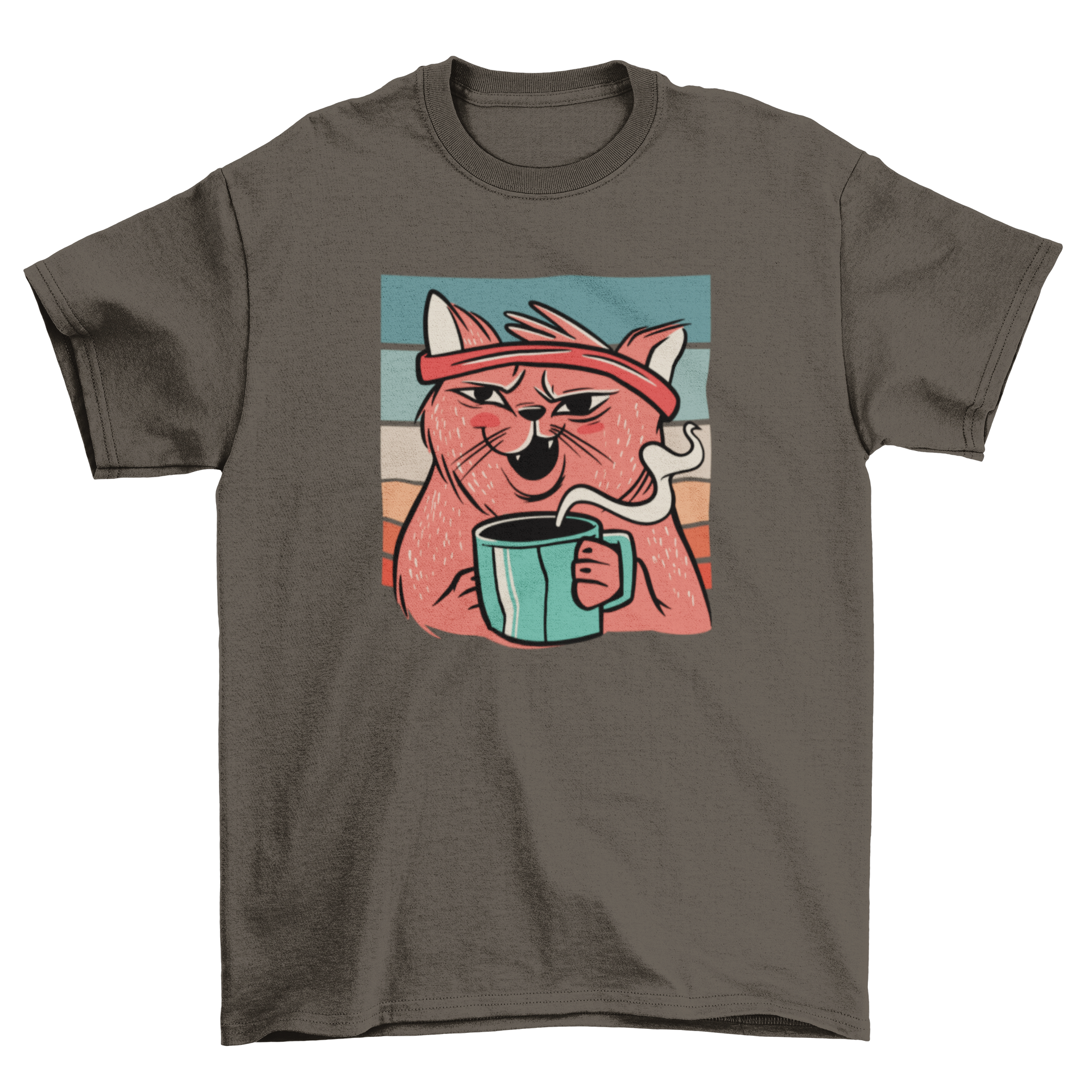 A humorous t-shirt featuring a cute cat drinking coffee from a cup, perfect for cat lovers.