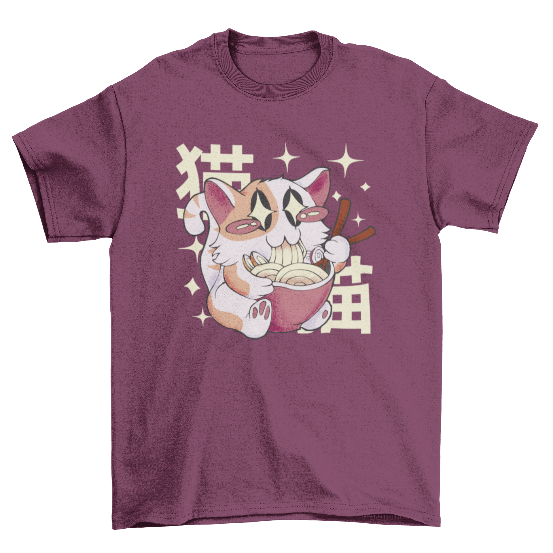 A cute t-shirt featuring a cat eating ramen with a Japanese quote.