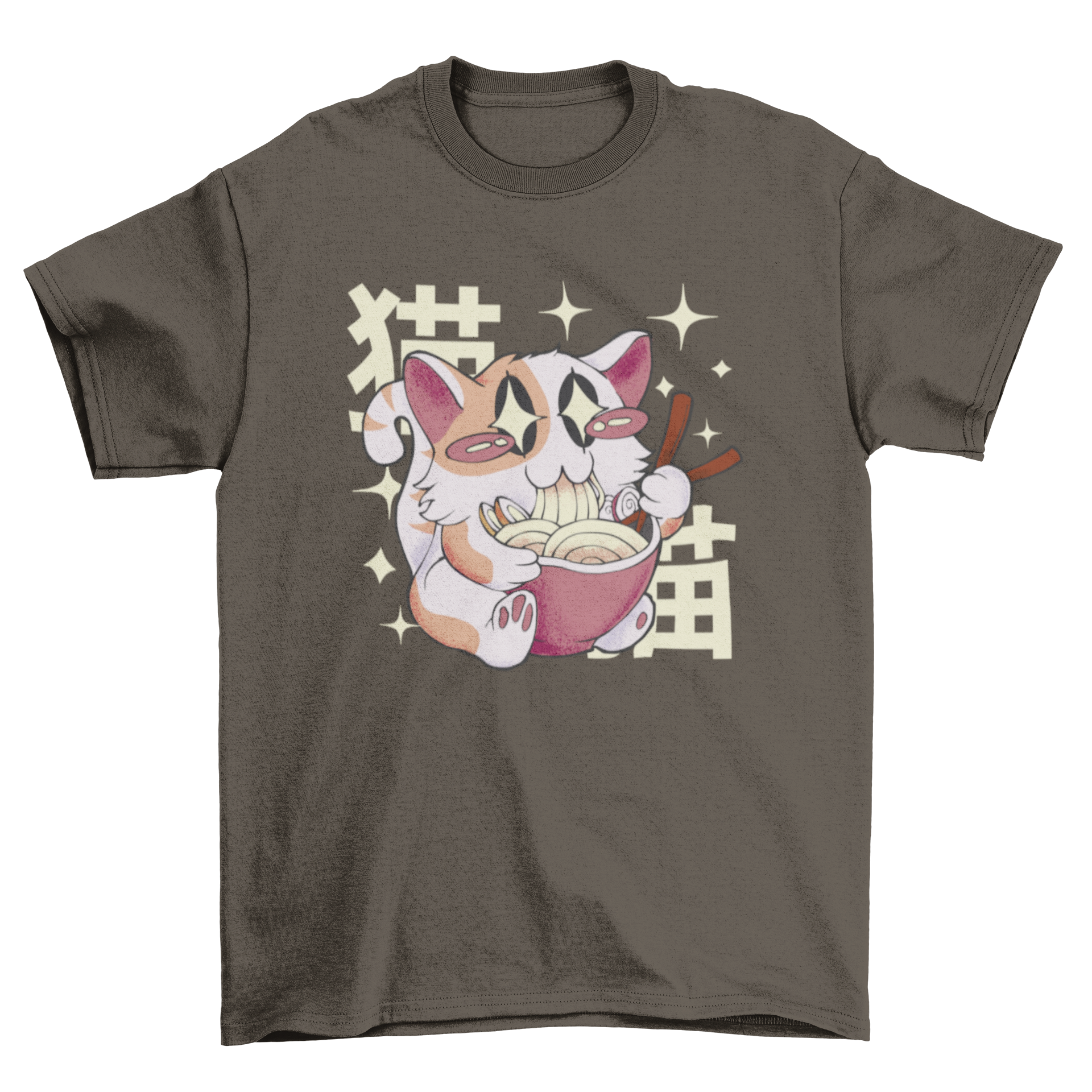 A cute t-shirt featuring a cat eating ramen with a Japanese quote.