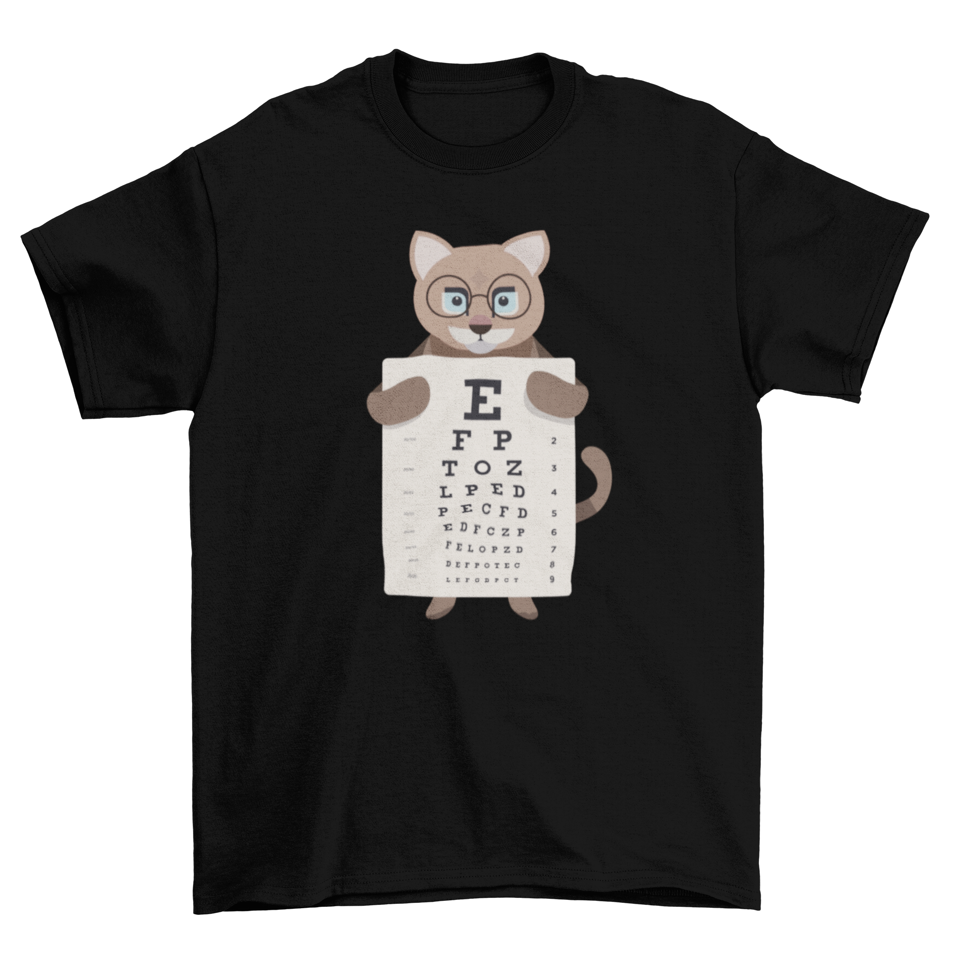 A playful T-shirt featuring a cat wearing glasses and holding an eye chart, perfect for cat lovers.
