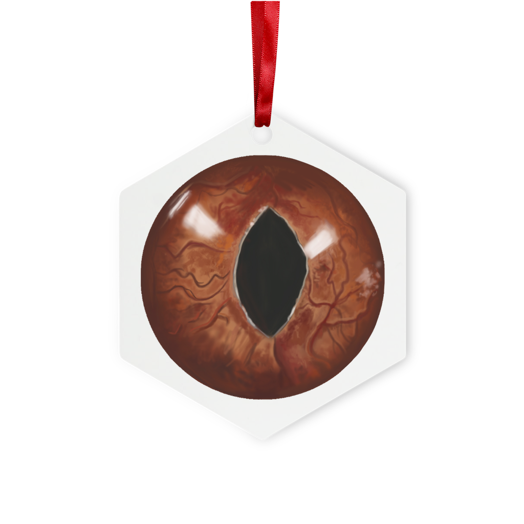 Cat Eyes Metal Hanging Ornament in hexagon and star shapes, featuring a glossy white finish and red ribbon for hanging.