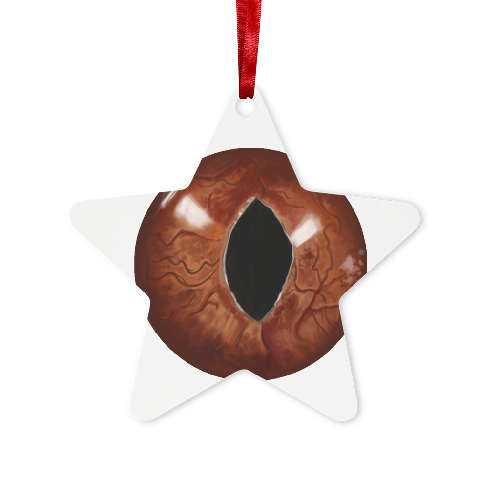 Cat Eyes Metal Hanging Ornament in hexagon and star shapes, featuring a glossy white finish and red ribbon for hanging.