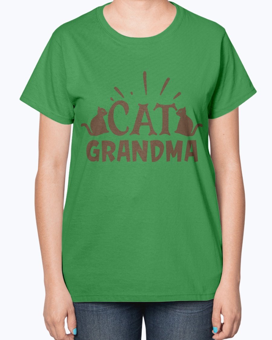 A stylish Cat Grandma Ladies T-Shirt featuring a contoured fit and feminine-inspired design, perfect for cat lovers.