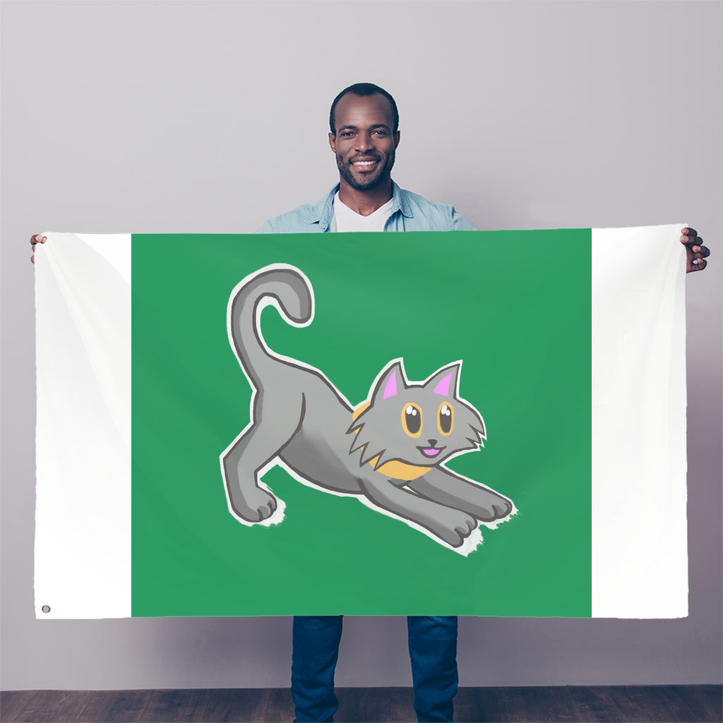 A vibrant Cat Illustration Sublimation Flag measuring 5FT x 3FT, made of durable polyester fabric with double-stitched edges and eyelets for hanging.
