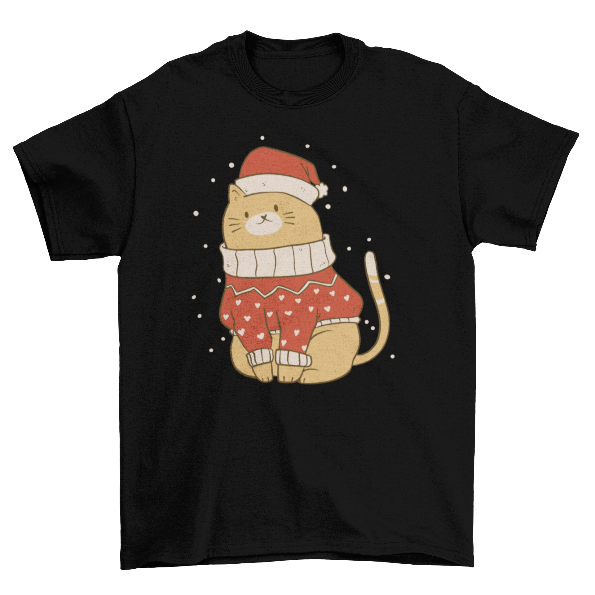 A cute t-shirt featuring a cat in a Christmas sweater and hat, perfect for holiday celebrations.