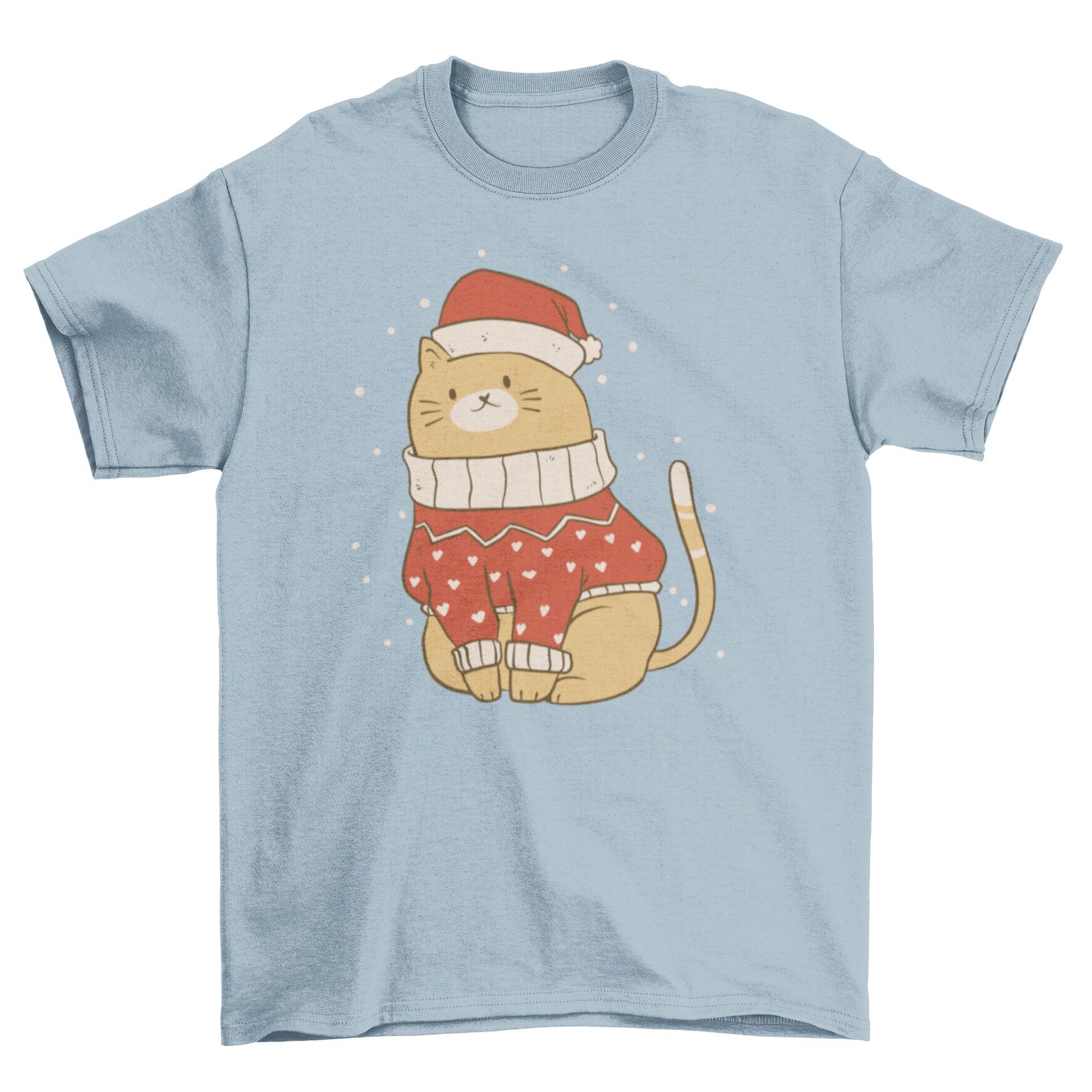 A cute t-shirt featuring a cat in a Christmas sweater and hat, perfect for holiday celebrations.