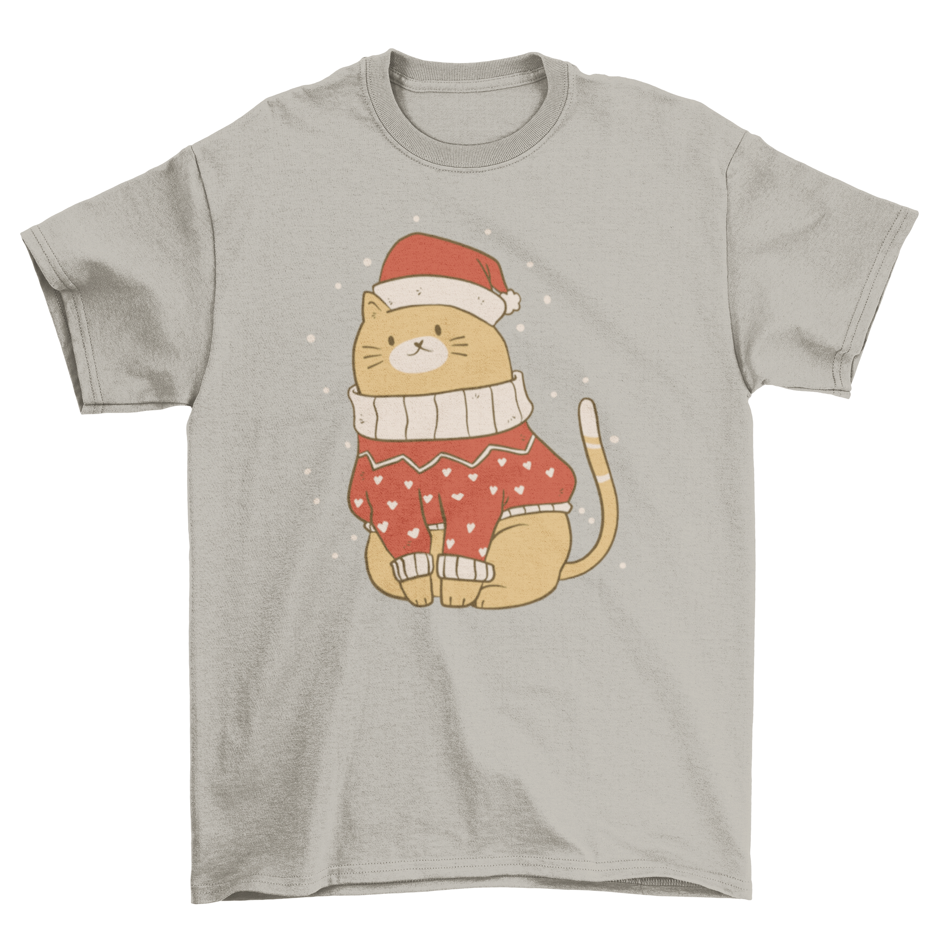 A cute t-shirt featuring a cat in a Christmas sweater and hat, perfect for holiday celebrations.