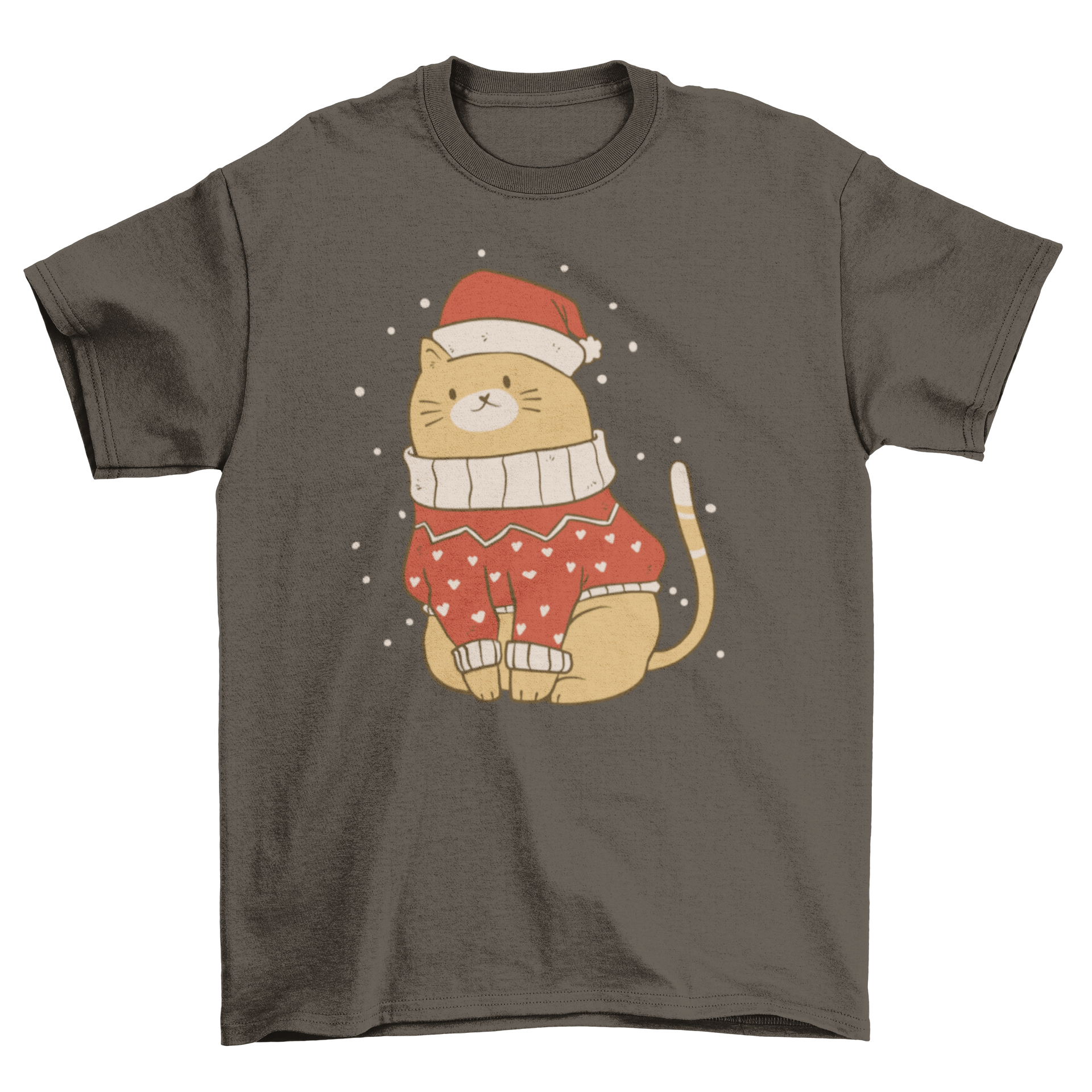 A cute t-shirt featuring a cat in a Christmas sweater and hat, perfect for holiday celebrations.
