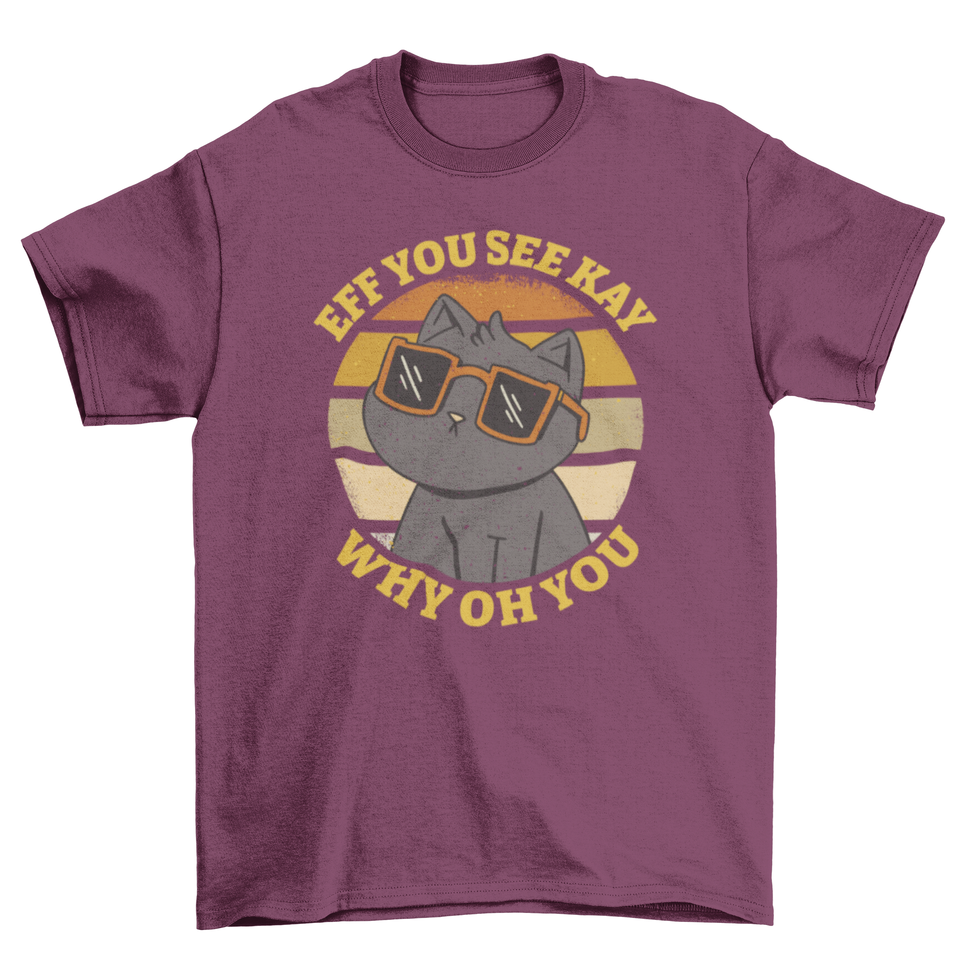 A cartoon cat wearing sunglasses against a retro sunset background with a humorous quote.