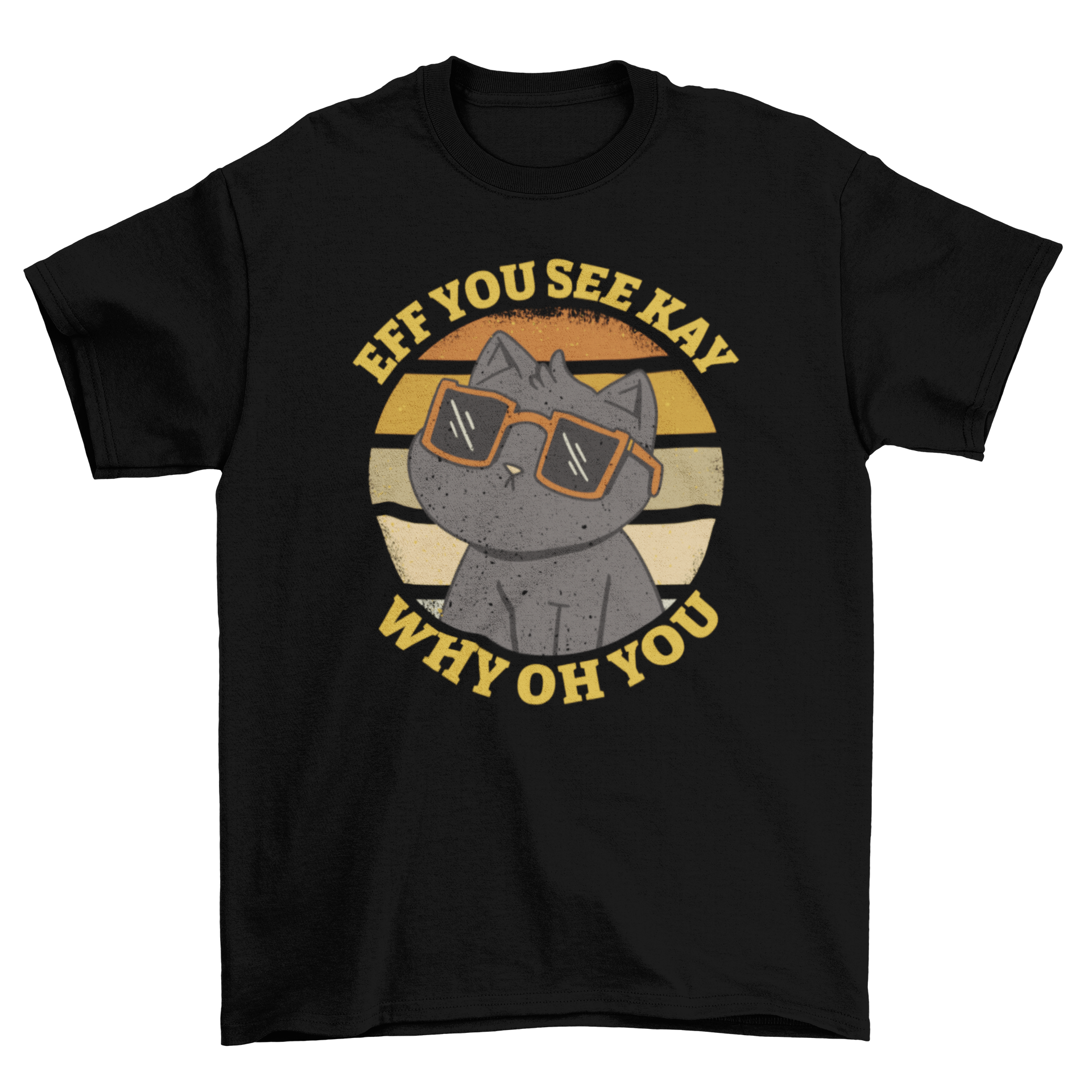A cartoon cat wearing sunglasses against a retro sunset background with a humorous quote.