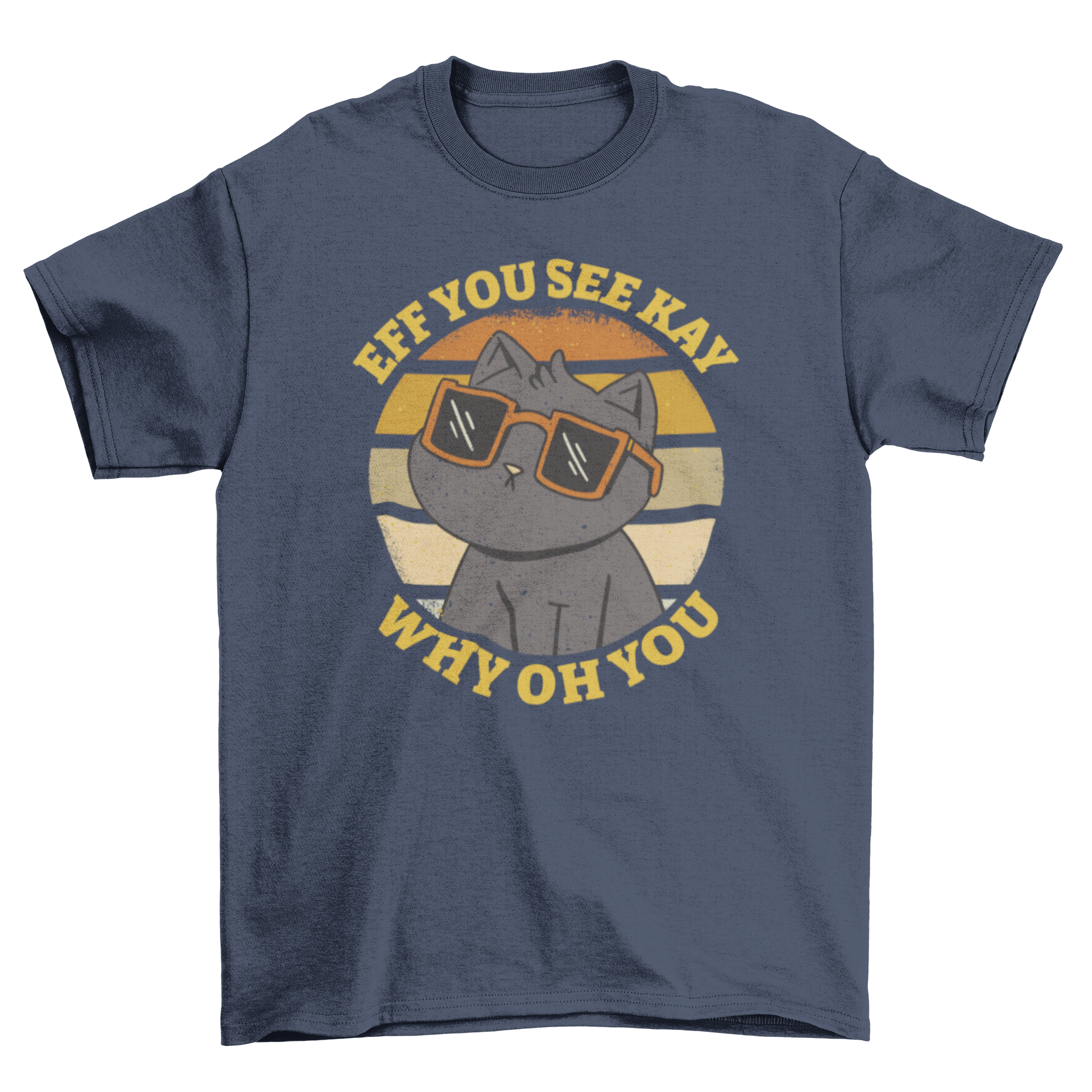 A cartoon cat wearing sunglasses against a retro sunset background with a humorous quote.