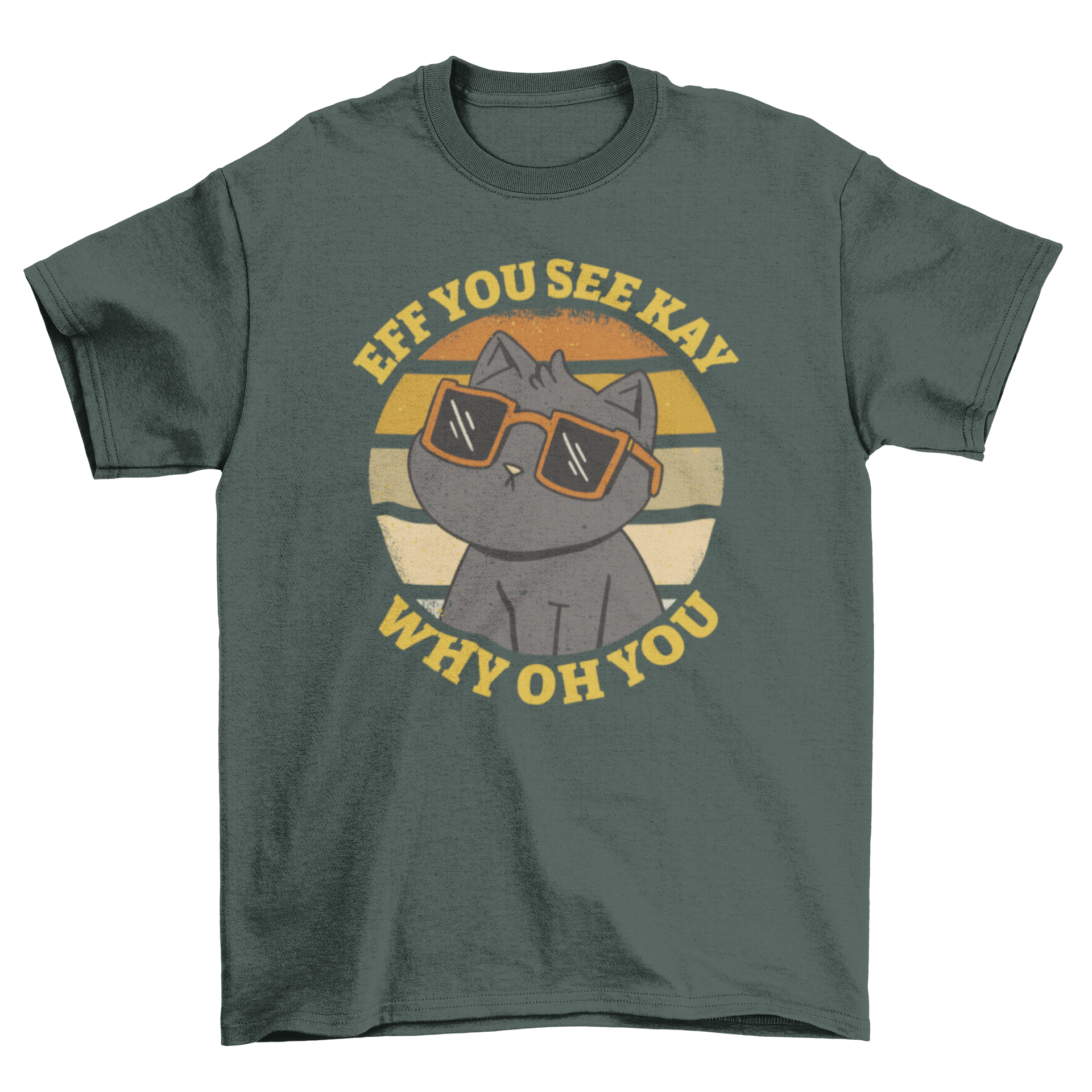 A cartoon cat wearing sunglasses against a retro sunset background with a humorous quote.