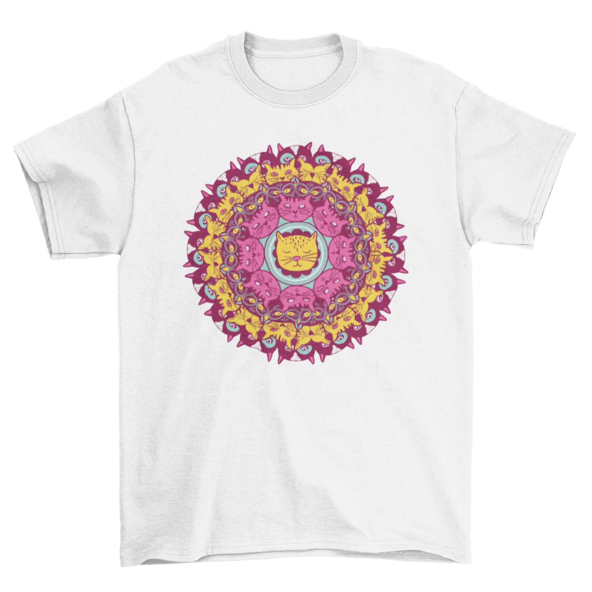 Colorful Cat Mandala T-Shirt featuring cute kittens in a mandala design, perfect for cat lovers.