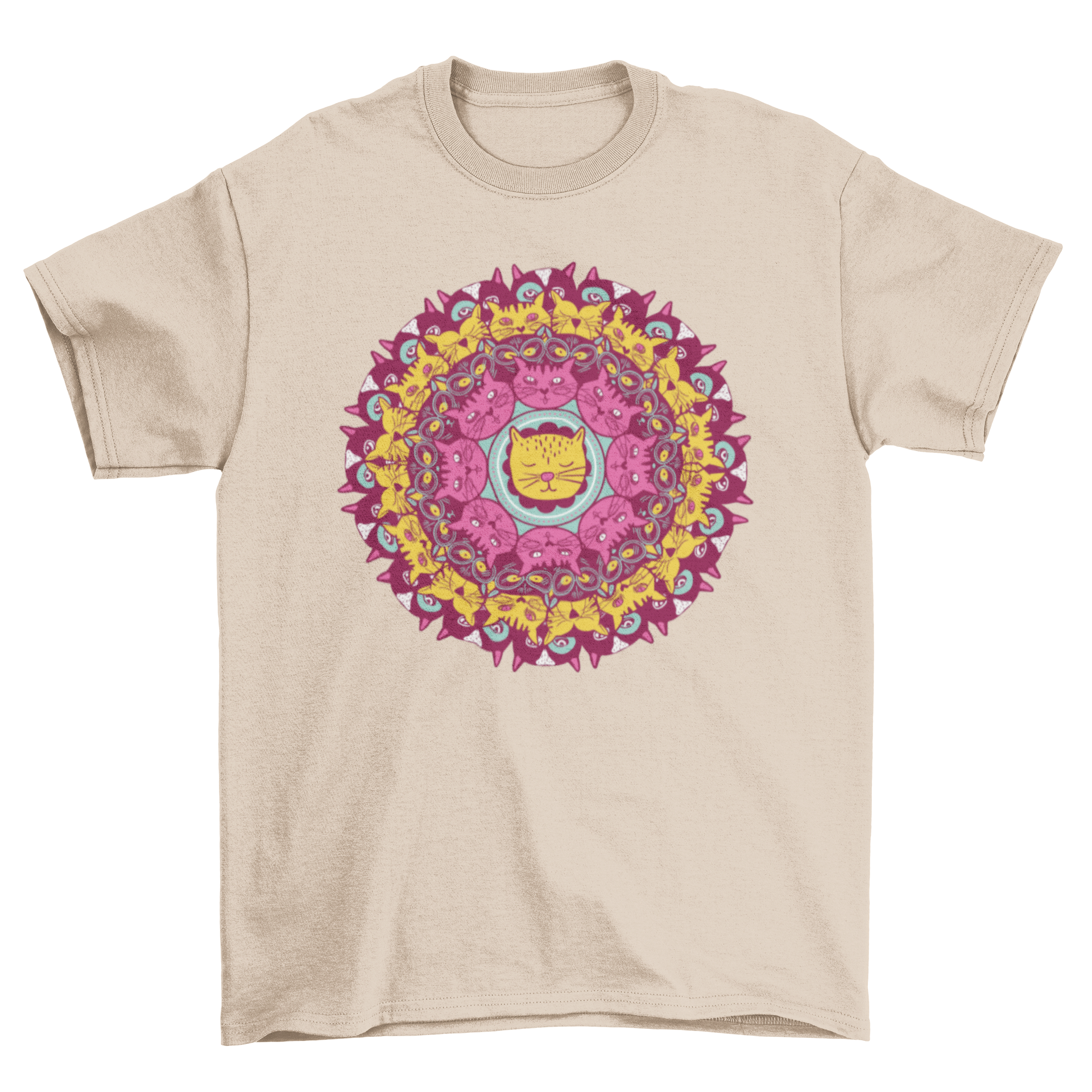 Colorful Cat Mandala T-Shirt featuring cute kittens in a mandala design, perfect for cat lovers.