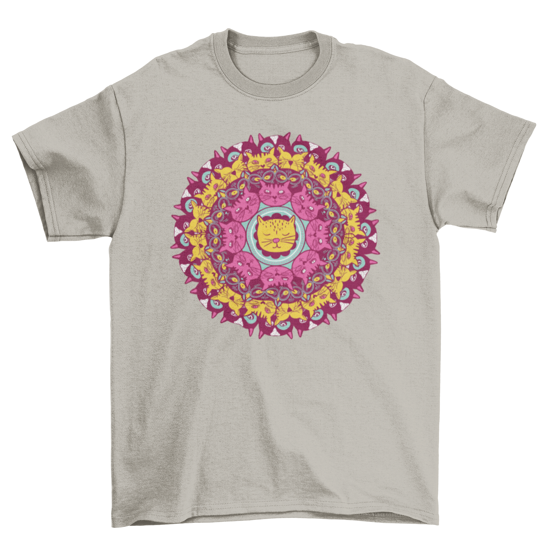 Colorful Cat Mandala T-Shirt featuring cute kittens in a mandala design, perfect for cat lovers.