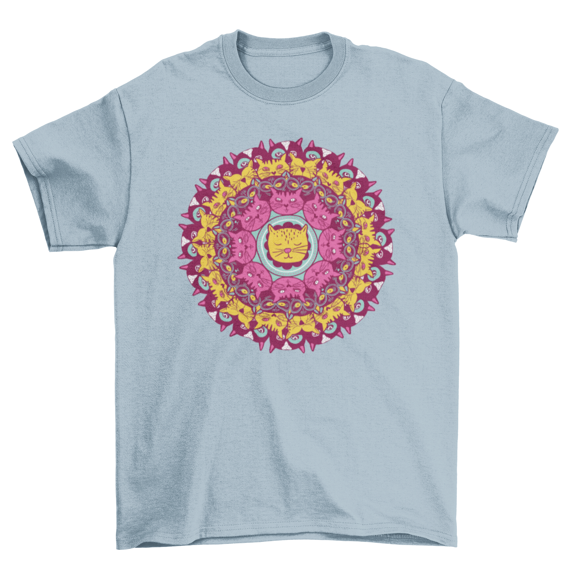 Colorful Cat Mandala T-Shirt featuring cute kittens in a mandala design, perfect for cat lovers.