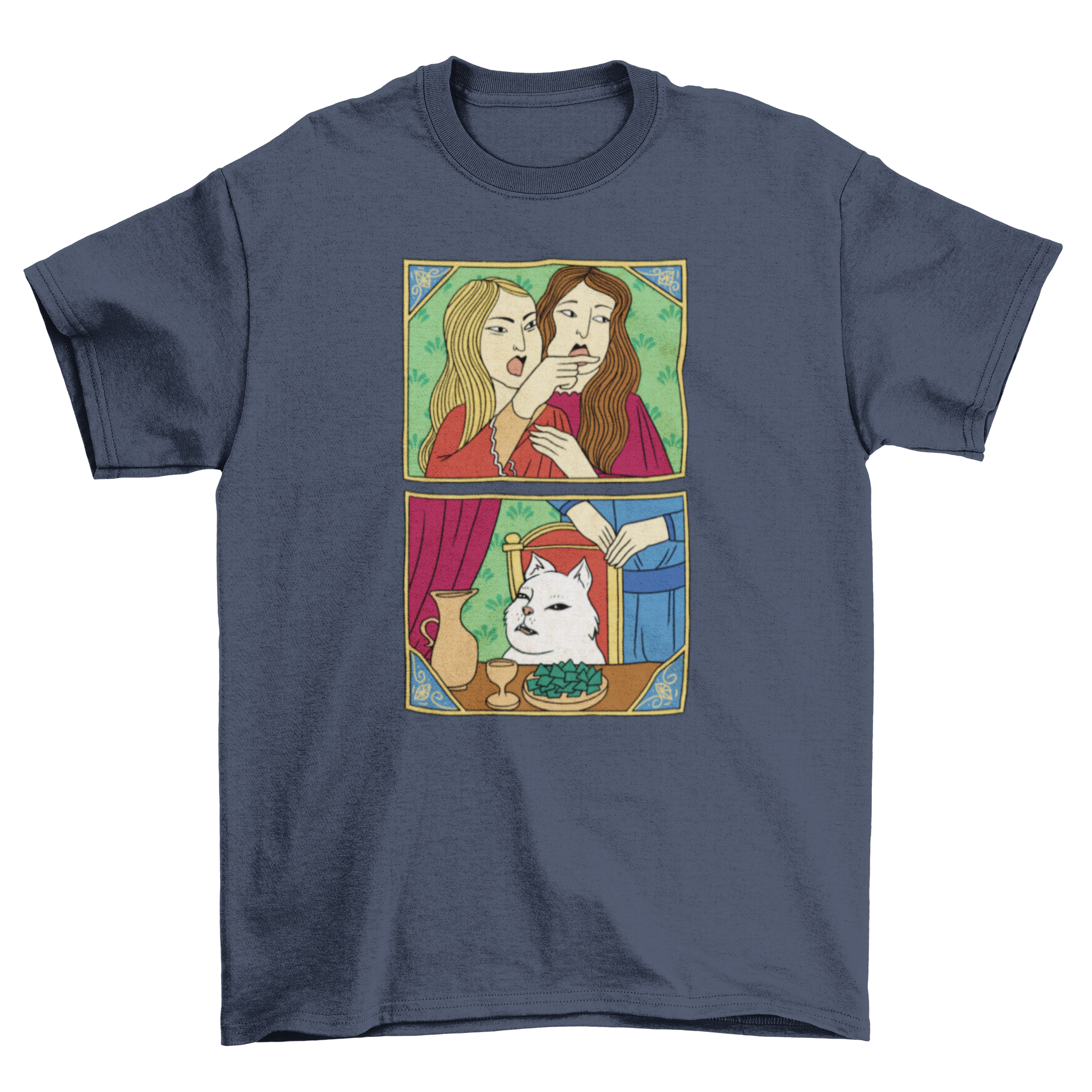 A stylish t-shirt featuring a popular cat meme designed in an intricate Ottoman style, showcasing vibrant colors and patterns.