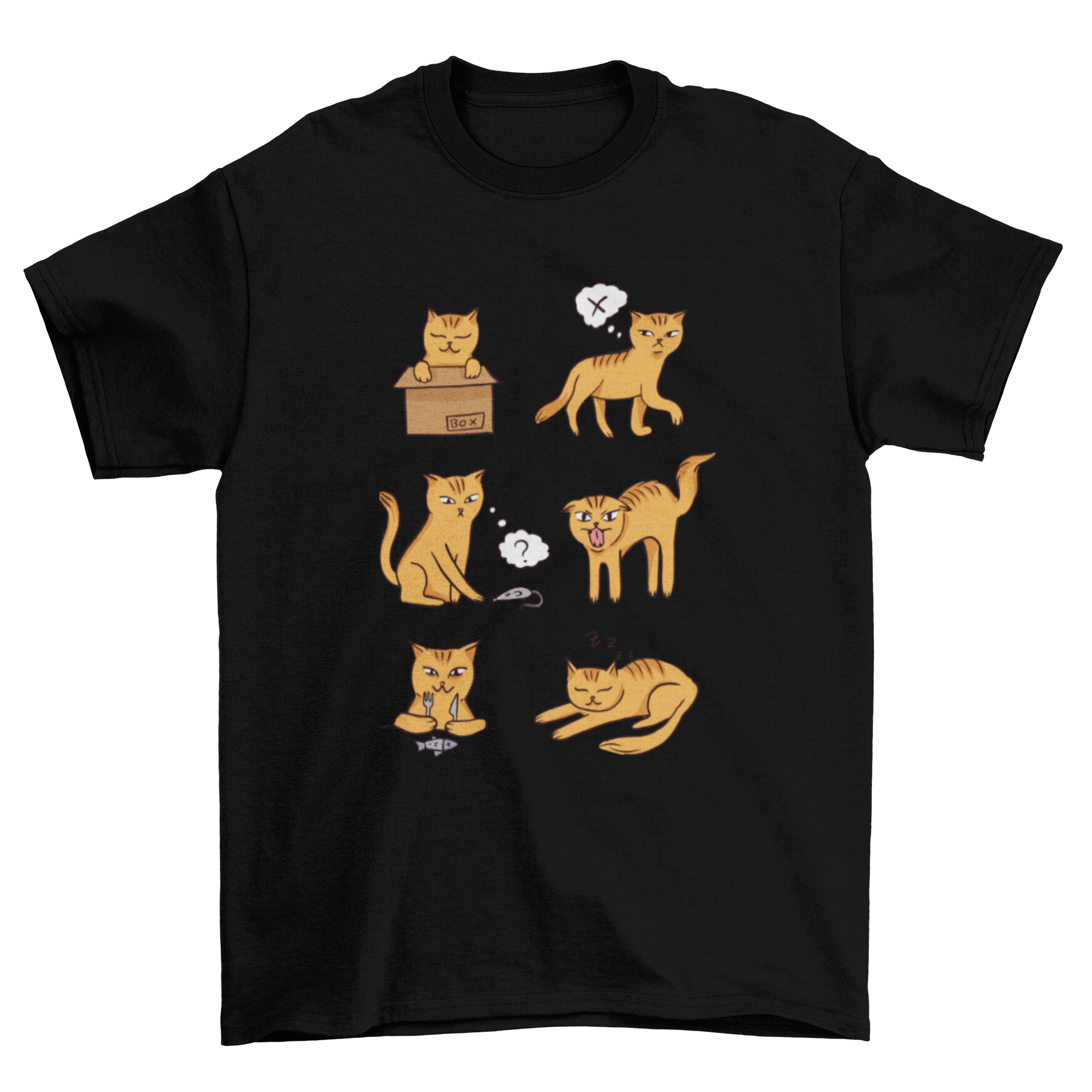 A humorous t-shirt design featuring a cat showcasing various moods, perfect for cat lovers.