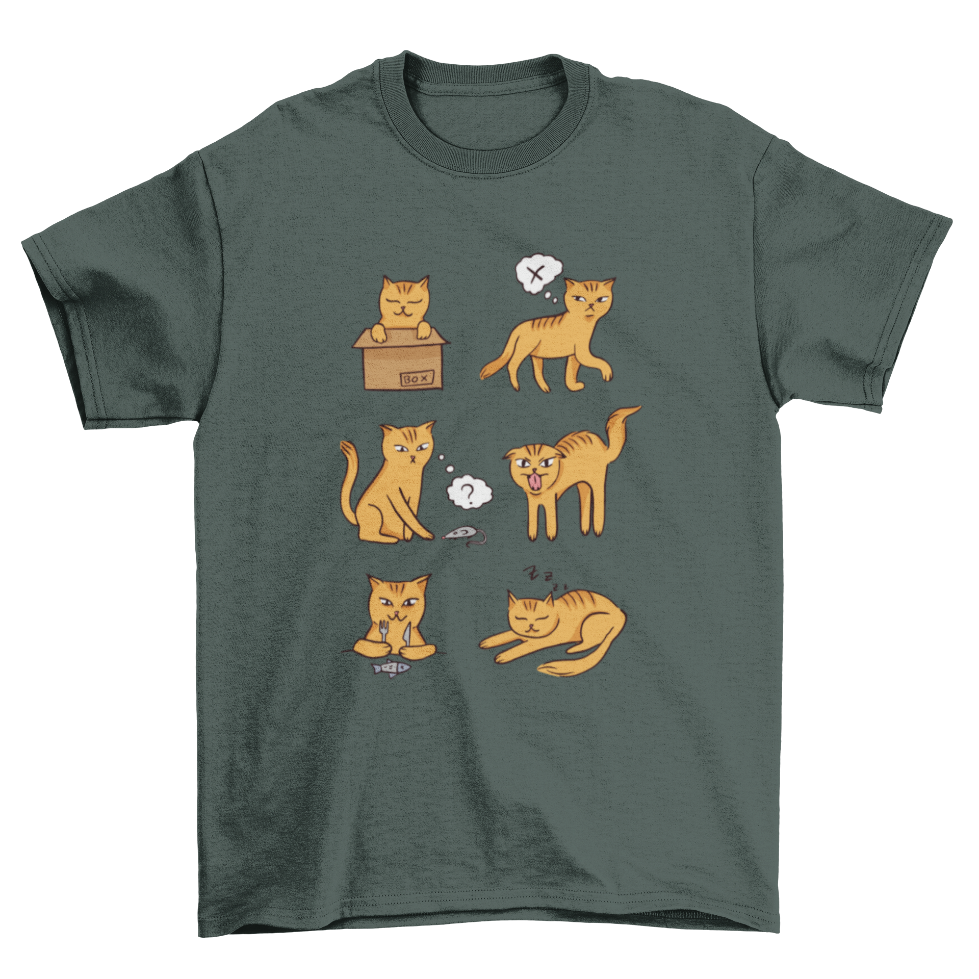 A humorous t-shirt design featuring a cat showcasing various moods, perfect for cat lovers.