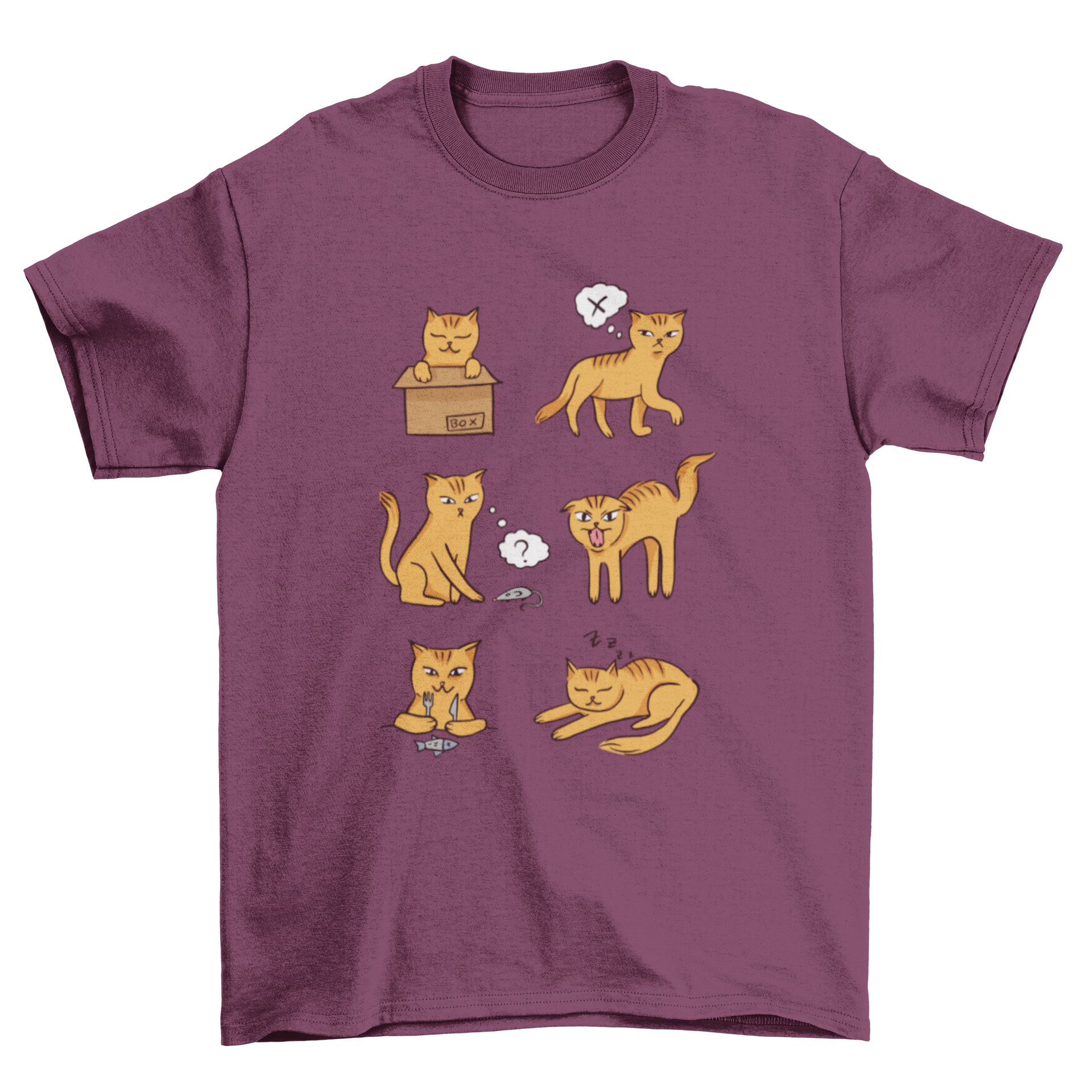 A humorous t-shirt design featuring a cat showcasing various moods, perfect for cat lovers.