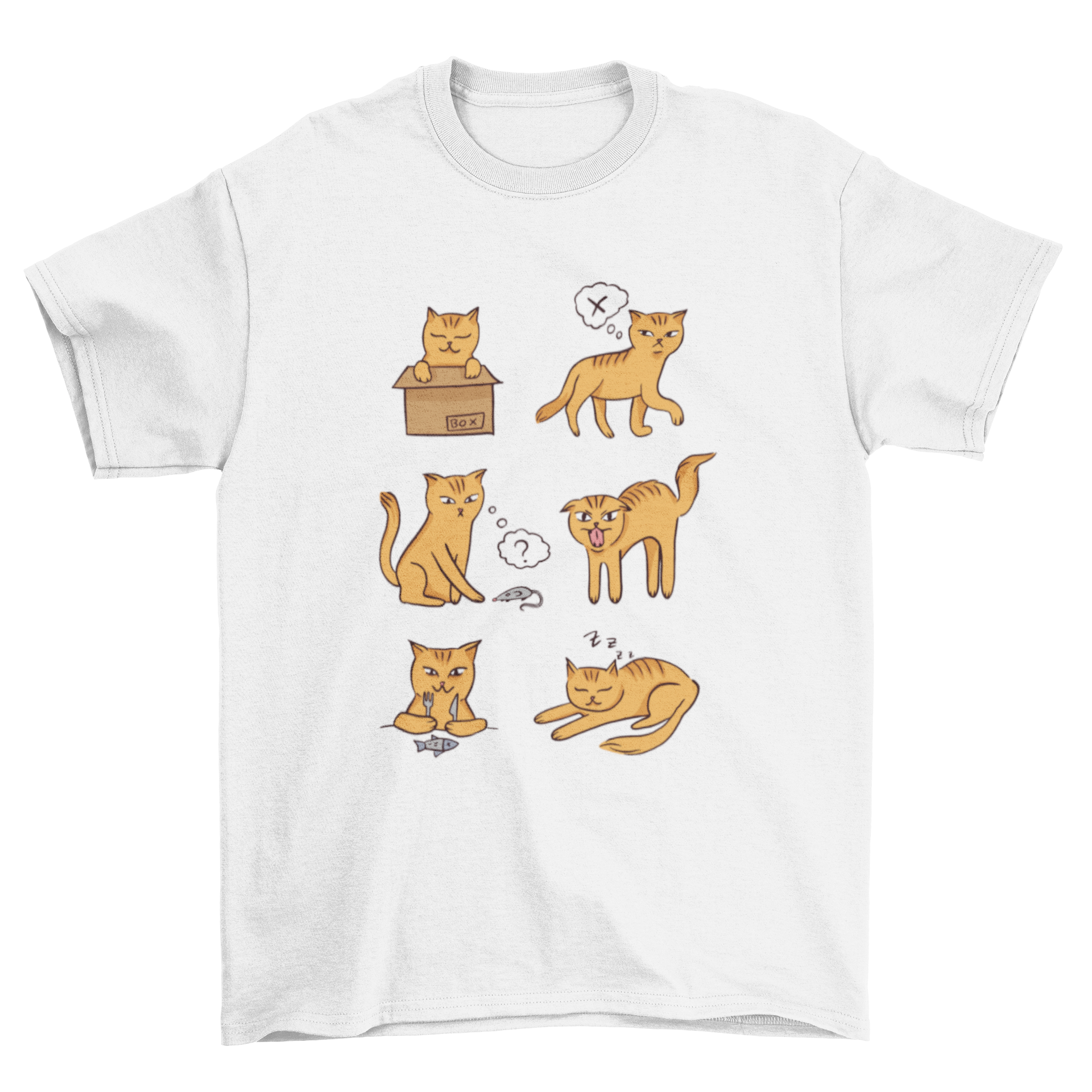 A humorous t-shirt design featuring a cat showcasing various moods, perfect for cat lovers.