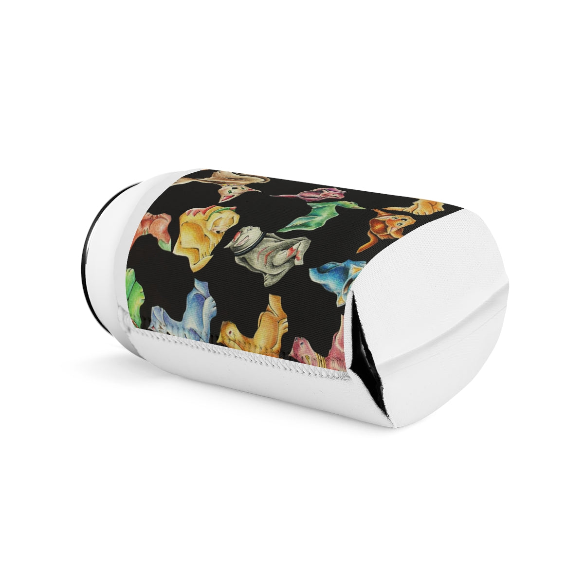 Cat Pattern Can Cooler Sleeve made of durable neoprene, featuring a fun cat design, perfect for standard 12 oz cans.