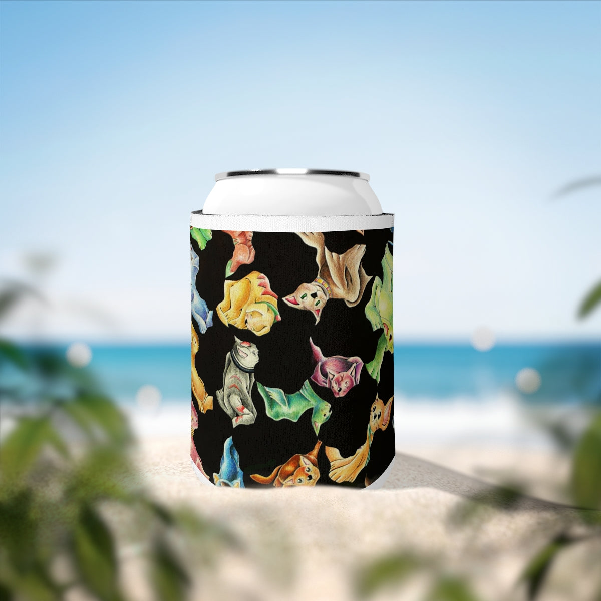 Cat Pattern Can Cooler Sleeve made of durable neoprene, featuring a fun cat design, perfect for standard 12 oz cans.